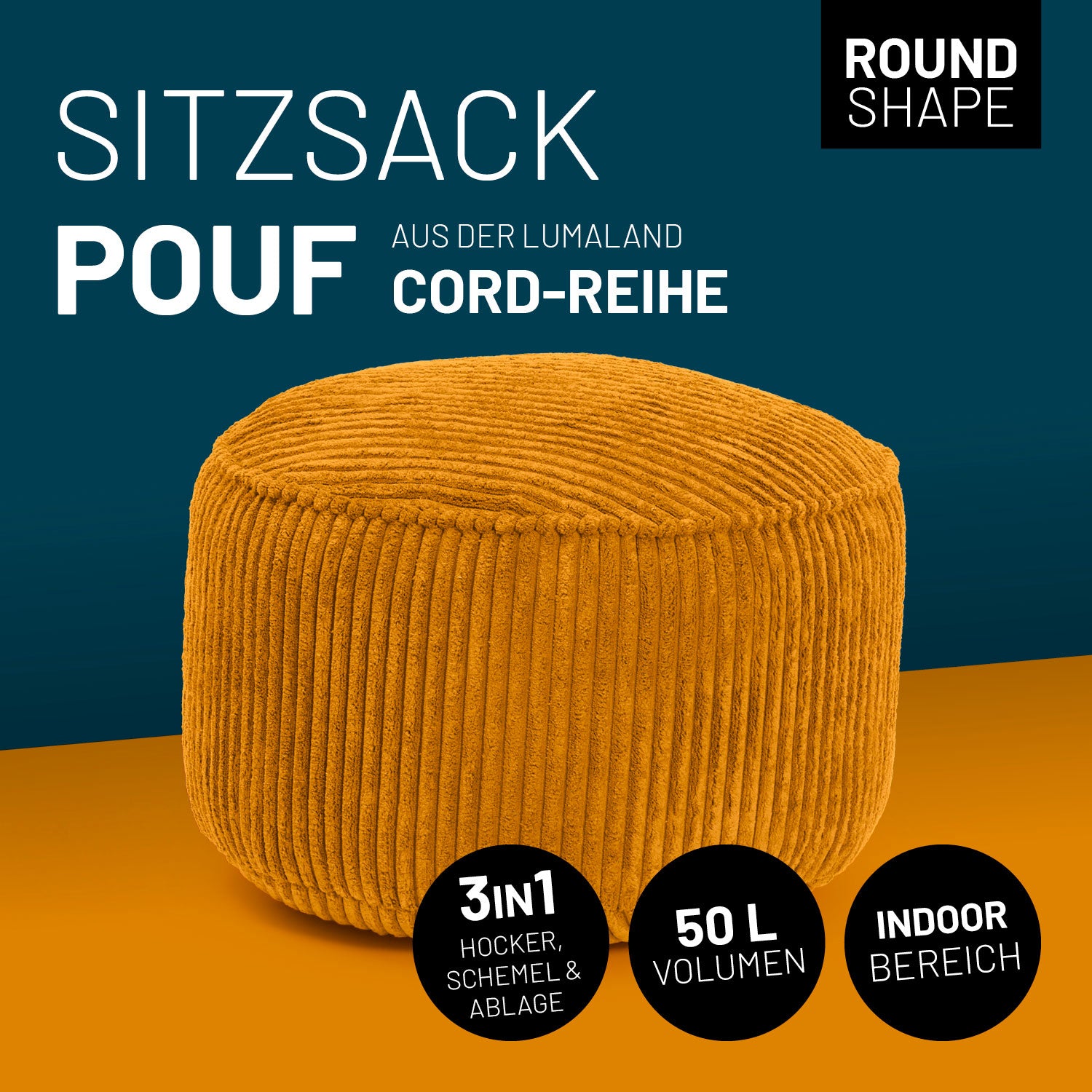 Senfgelber Sitzsack Pouf CORD mit 50 L Volumen für verschiedene Anwendungsbereiche im Indoor-Bereich: Hocker, Schemel und Ablage.