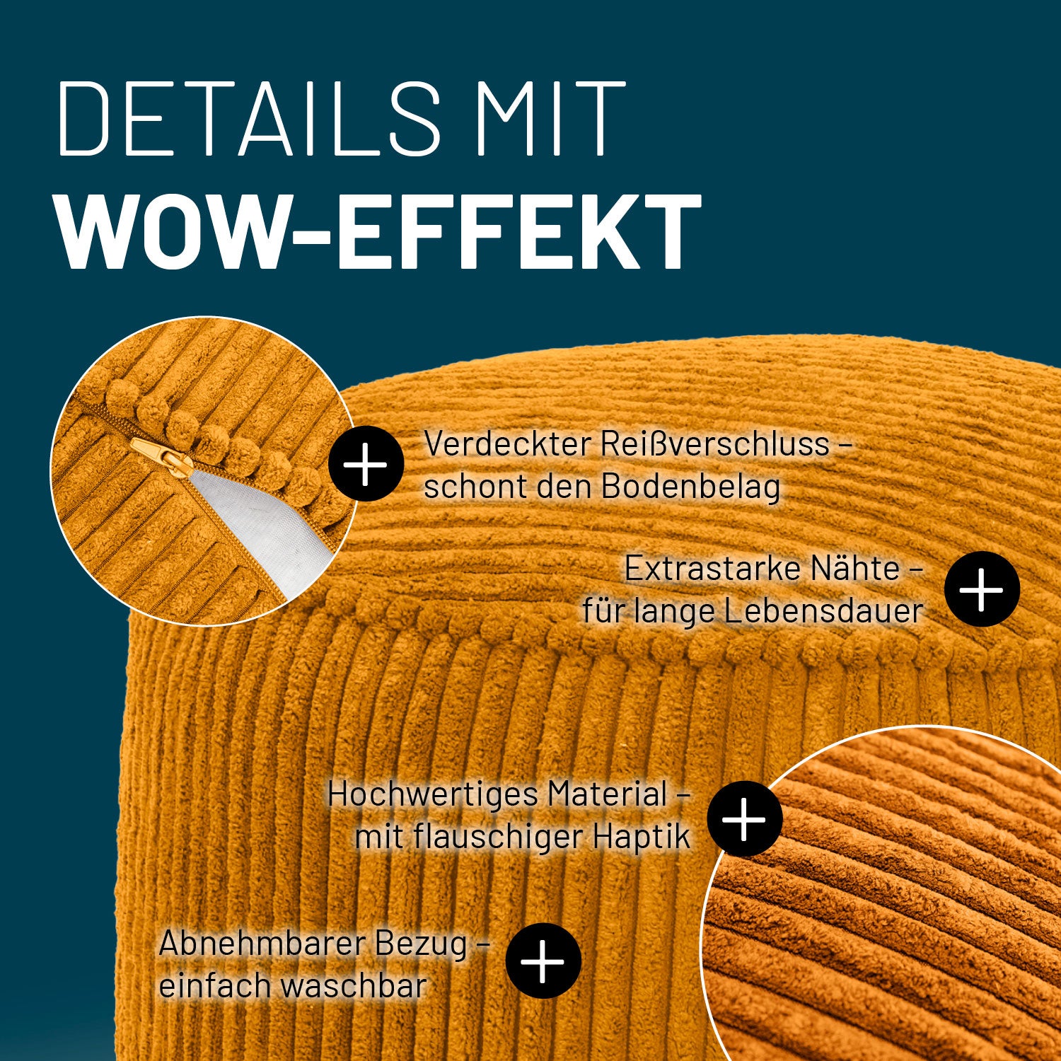LUMALAND CORD Pouf in Senfgelb mit Produktinformationen: Verdeckter Reißverschluss, extrastarke Nähte und abnehmbarer Bezug.