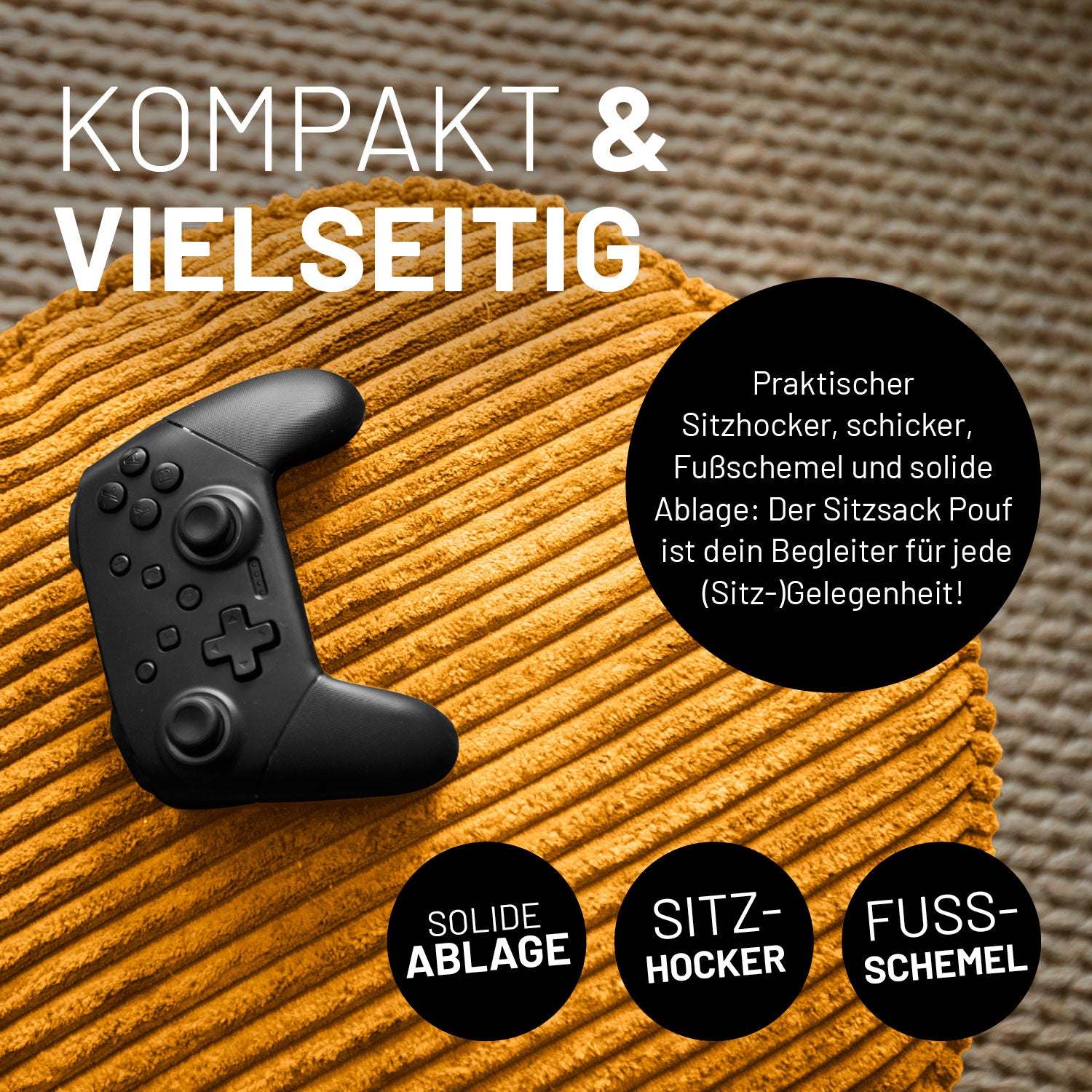 Gaming Controller liegt auf dem senfgelben CORD-Sitzsack der als Hocker, Fußschemel und Ablage genutzt werden kann.