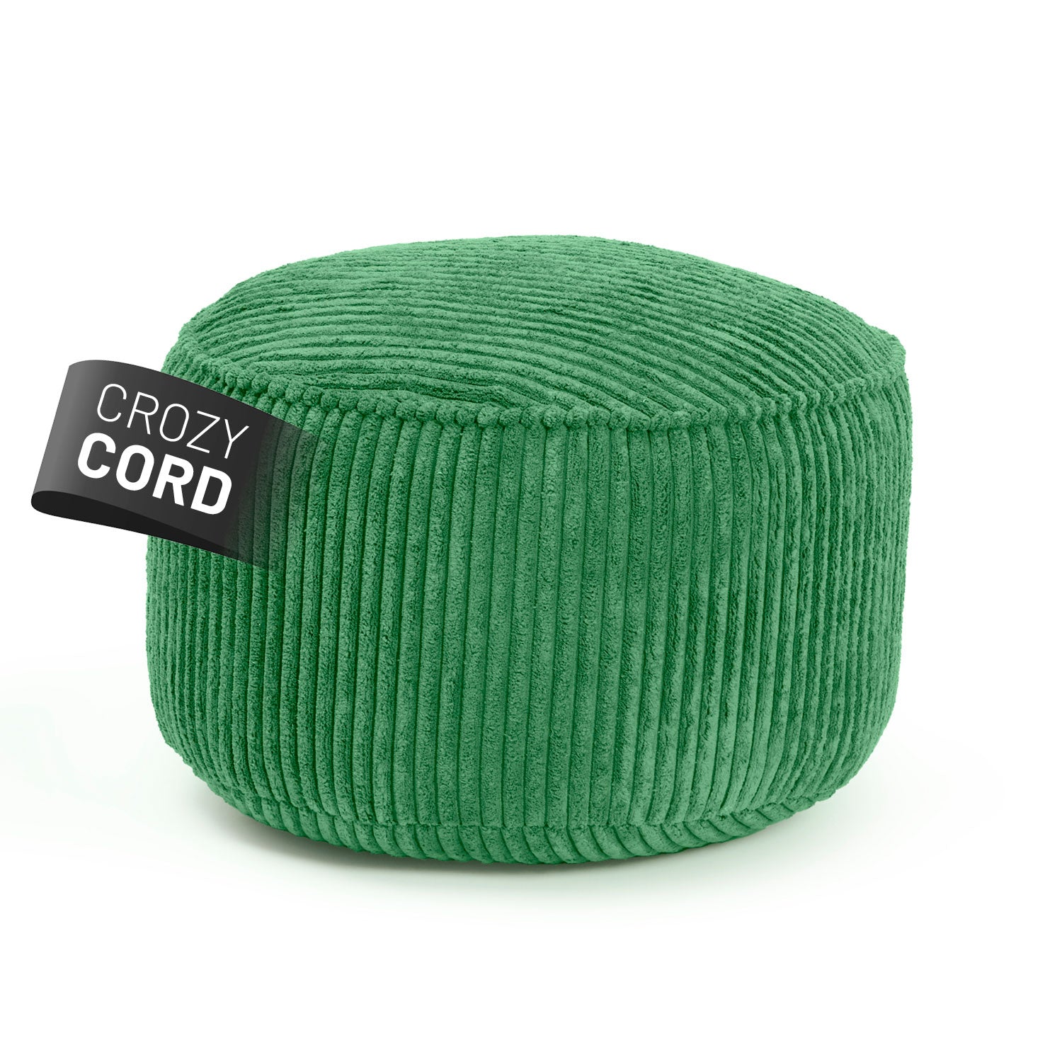 Dunkelgrüner Pouf aus der LUMALAND CORD-Reihe auf weißem Hintergrund.