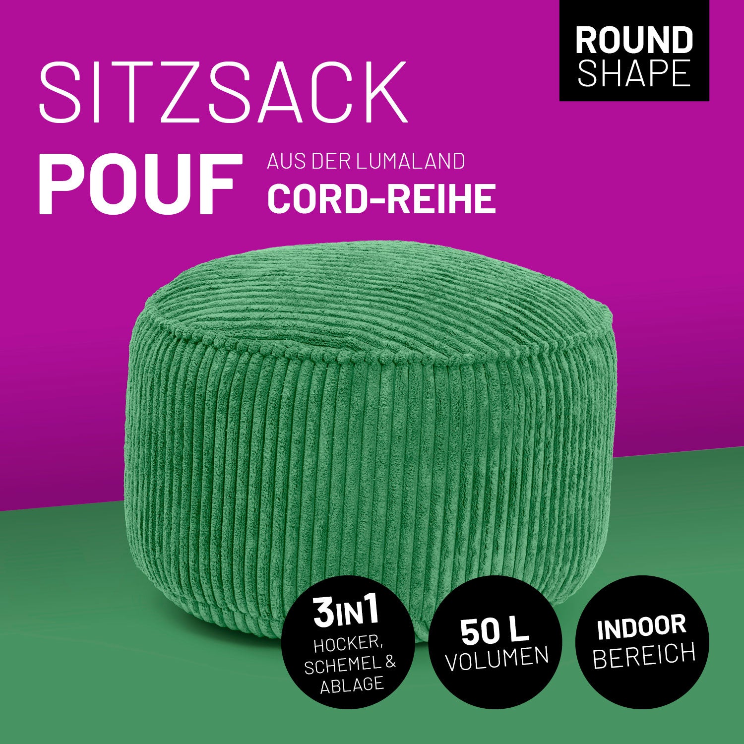 Dunkelgrüner Sitzsack Pouf CORD mit 50 L Volumen für verschiedene Anwendungsbereiche im Indoor-Bereich: Hocker, Schemel und Ablage.