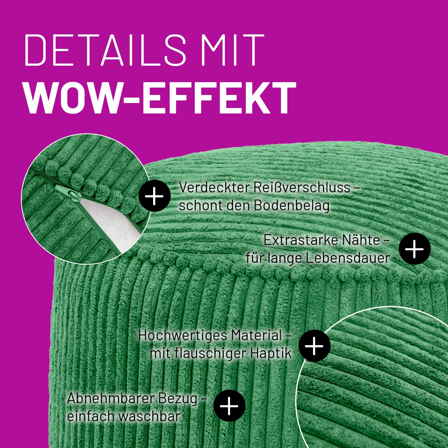 LUMALAND CORD Pouf in Dunkelgrün mit Produktinformationen: Verdeckter Reißverschluss, extrastarke Nähte und abnehmbarer Bezug.
