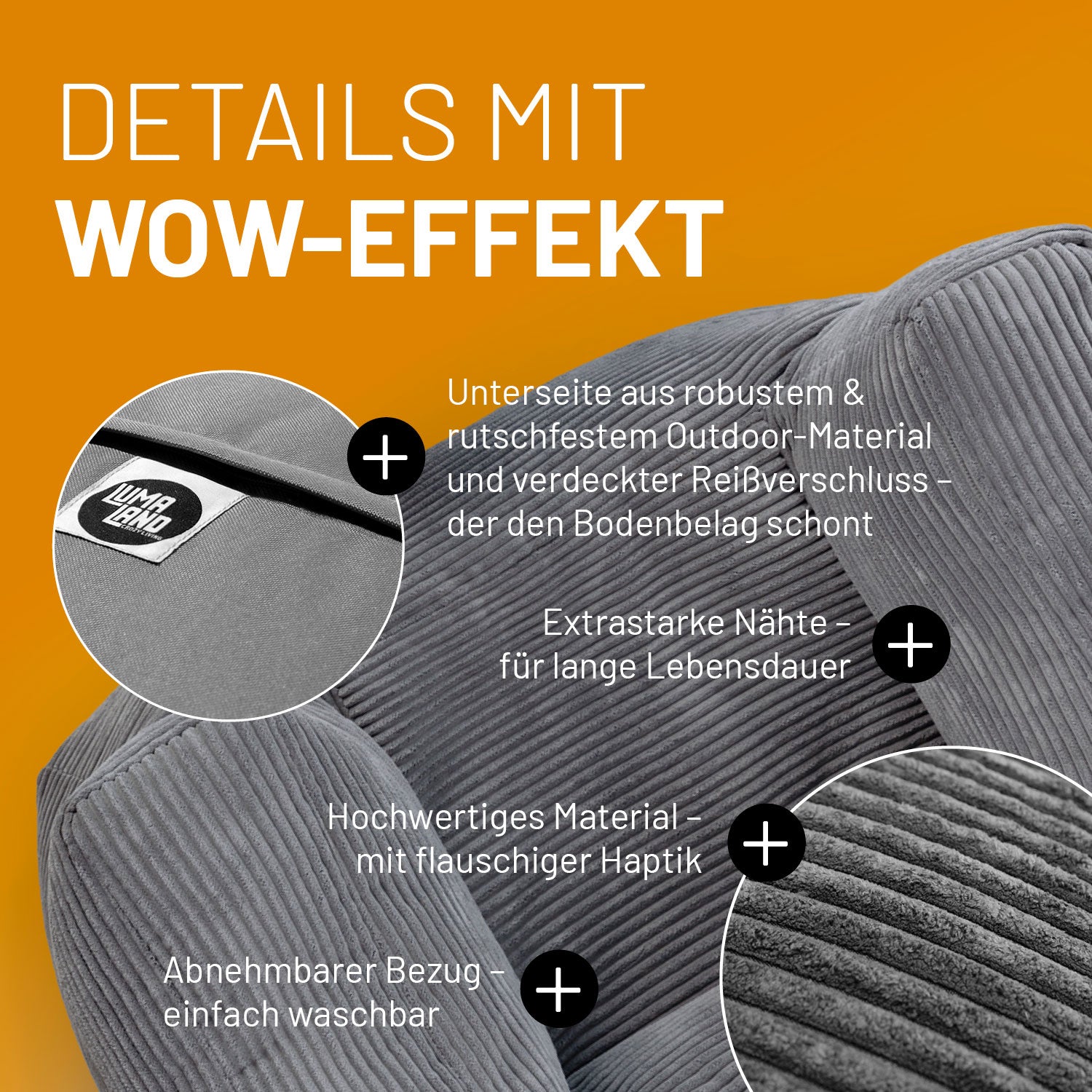 Sitzsack-Sessel in Grau mit Produktinformationen: Verdeckter Reißverschluss, robuste Unterseite und waschbarer Bezug.