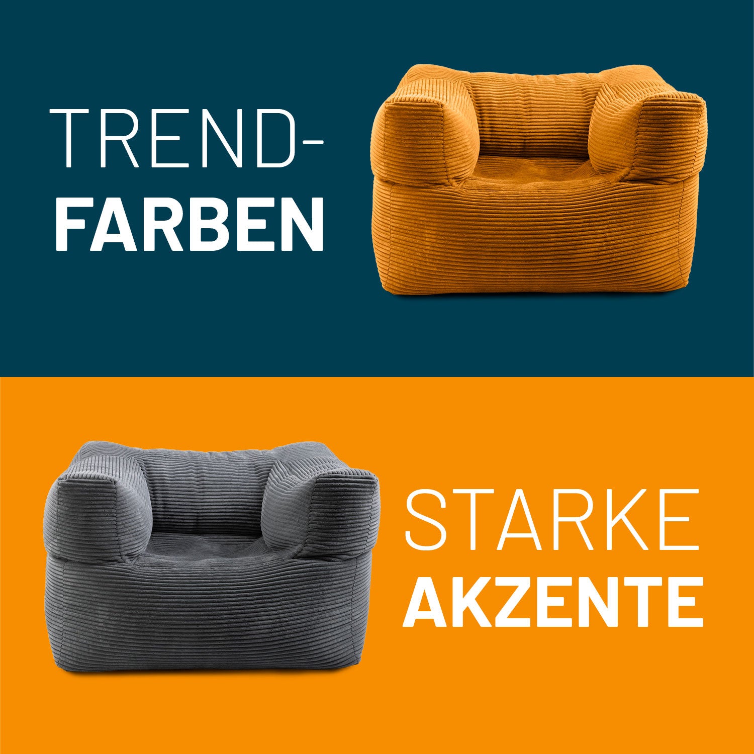 Cord-Sessel in den Trend-Farben Senfgelb & Grau für starke Akzente. Individuell kombinierbares Sitzmöbel des Modularen Systems.