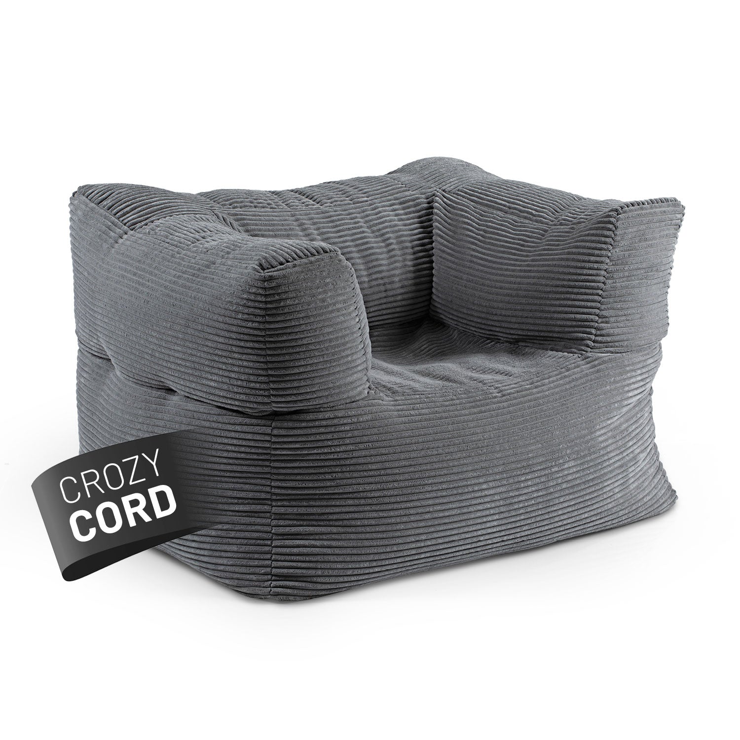 LUMALAND CORD-Sitzsack Sessel in Grau aus der Reihe Modulares System vor weißem Hintergrund.