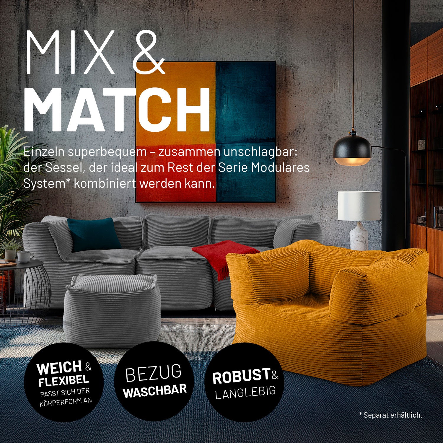 Moderner Wohnraum mit selfgelben Cord-Sessel und grauem Sofa & Hocker welches zu einem Sitzsofa verbunden wurde.