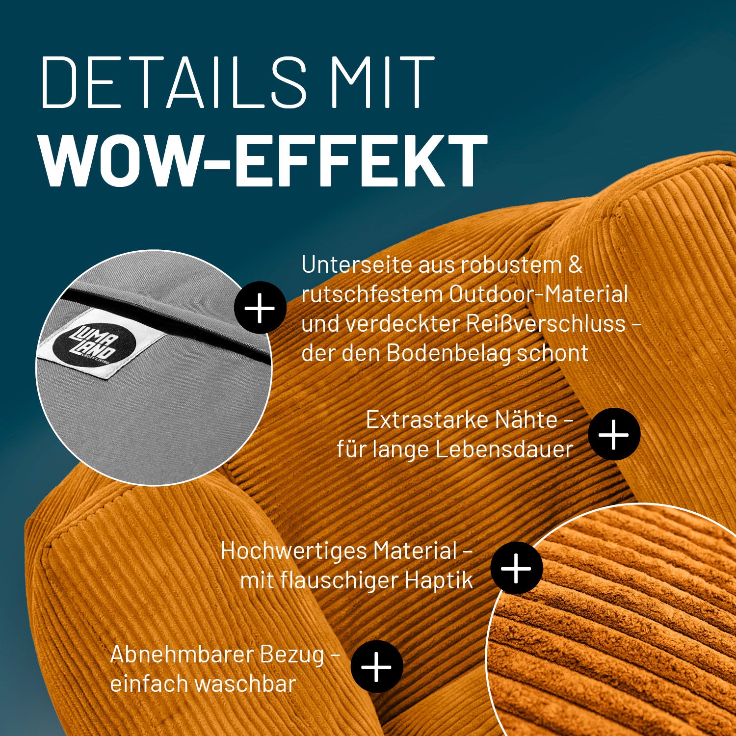 Sitzsack-Sessel in Senfgelb mit Produktinformationen: Verdeckter Reißverschluss, robuste Unterseite und waschbarer Bezug.