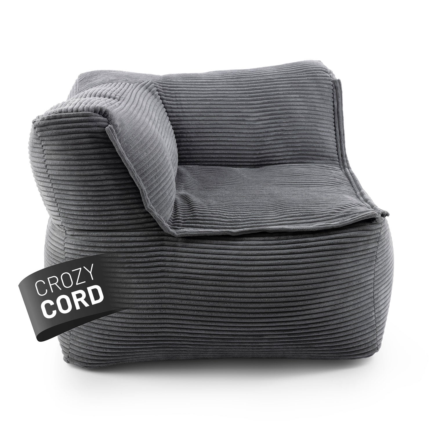 LUMALAND CORD-Sitzsack Eckteil links in Grau aus der Reihe Modulares System vor weißem Hintergrund.