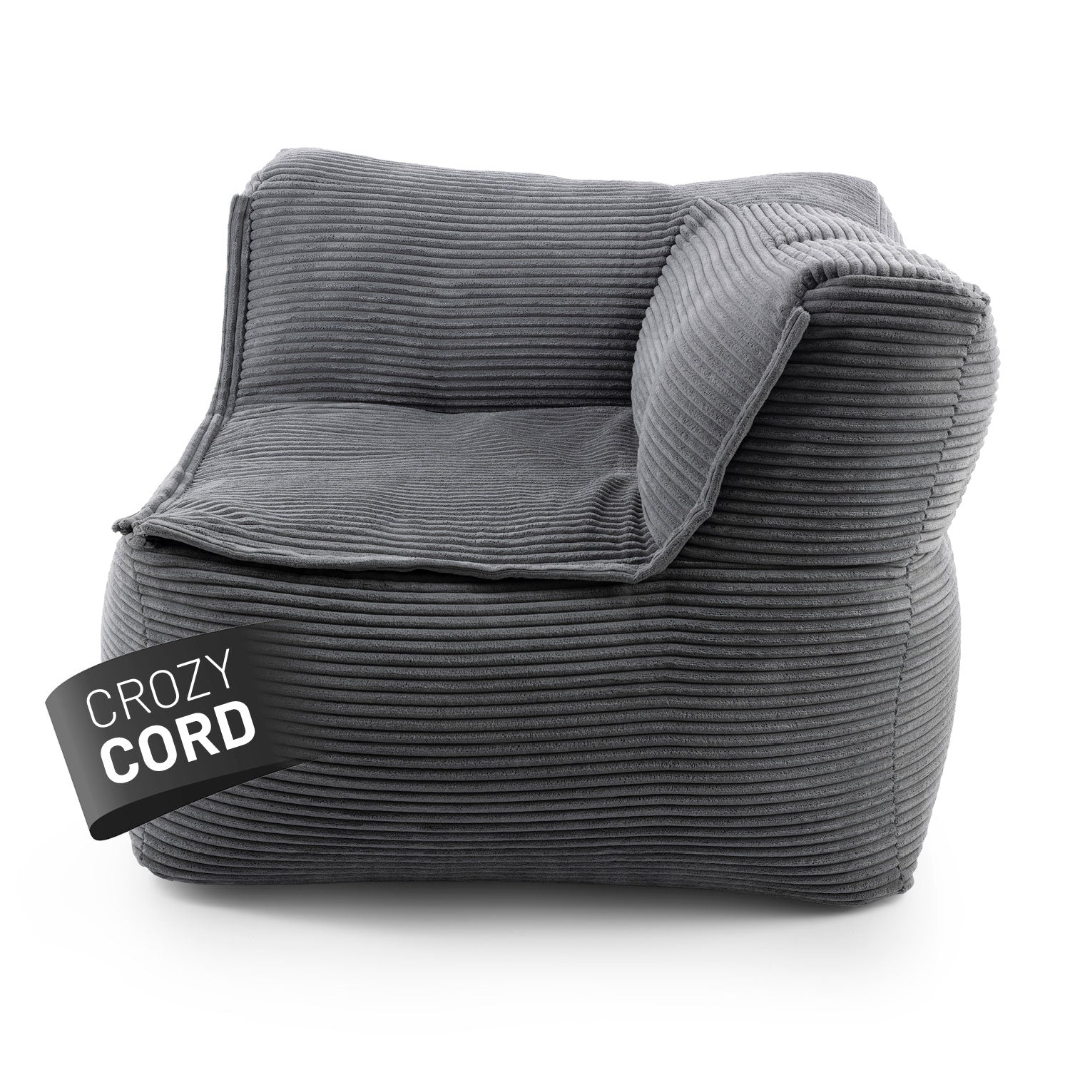 LUMALAND CORD-Sitzsack Eckteil rechts in Grau aus der Reihe Modulares System vor weißem Hintergrund.