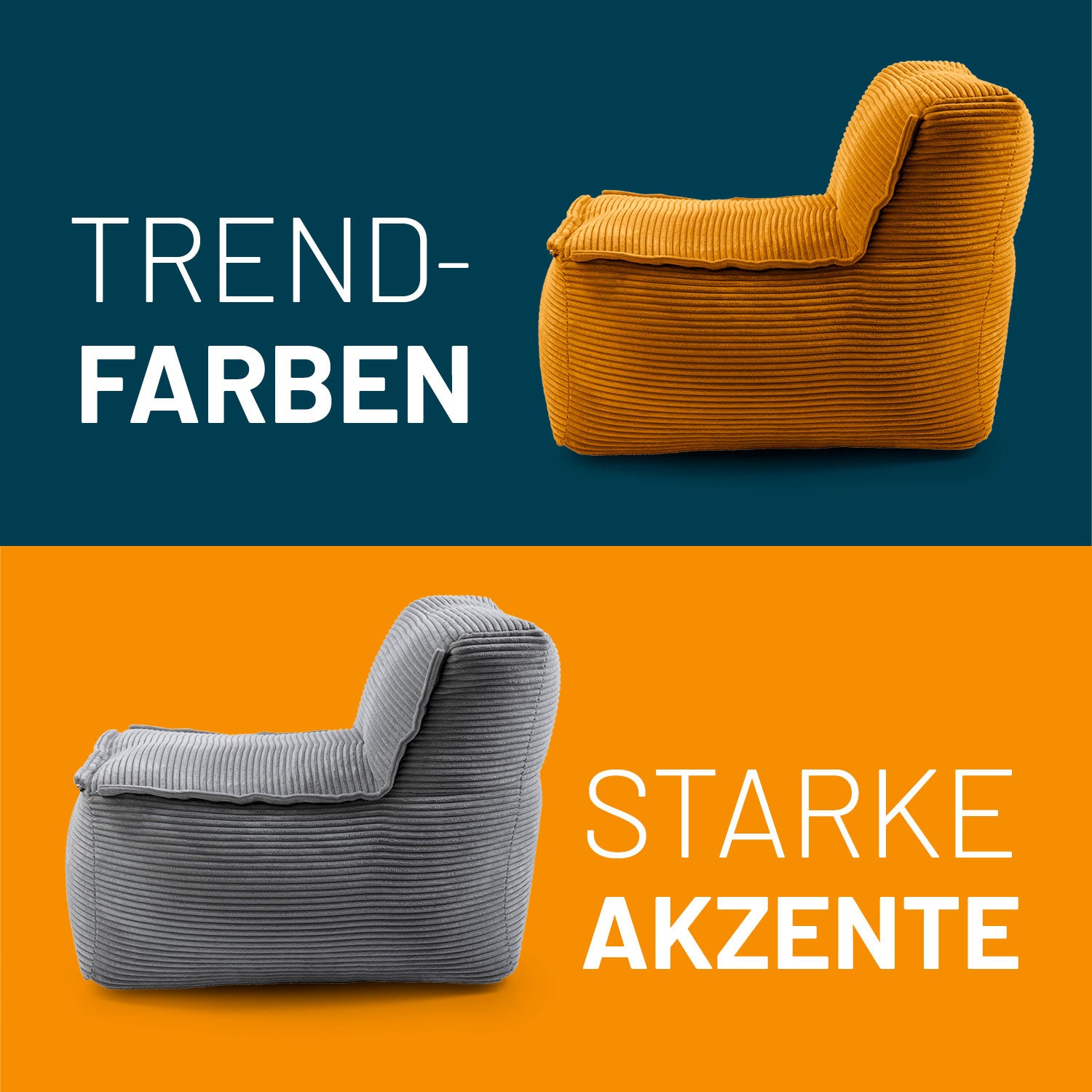 Cord-Mittelteil in den Trend-Farben Senfgelb & Grau für starke Akzente. Individuell kombinierbares Sitzmöbel des Modularen Systems.