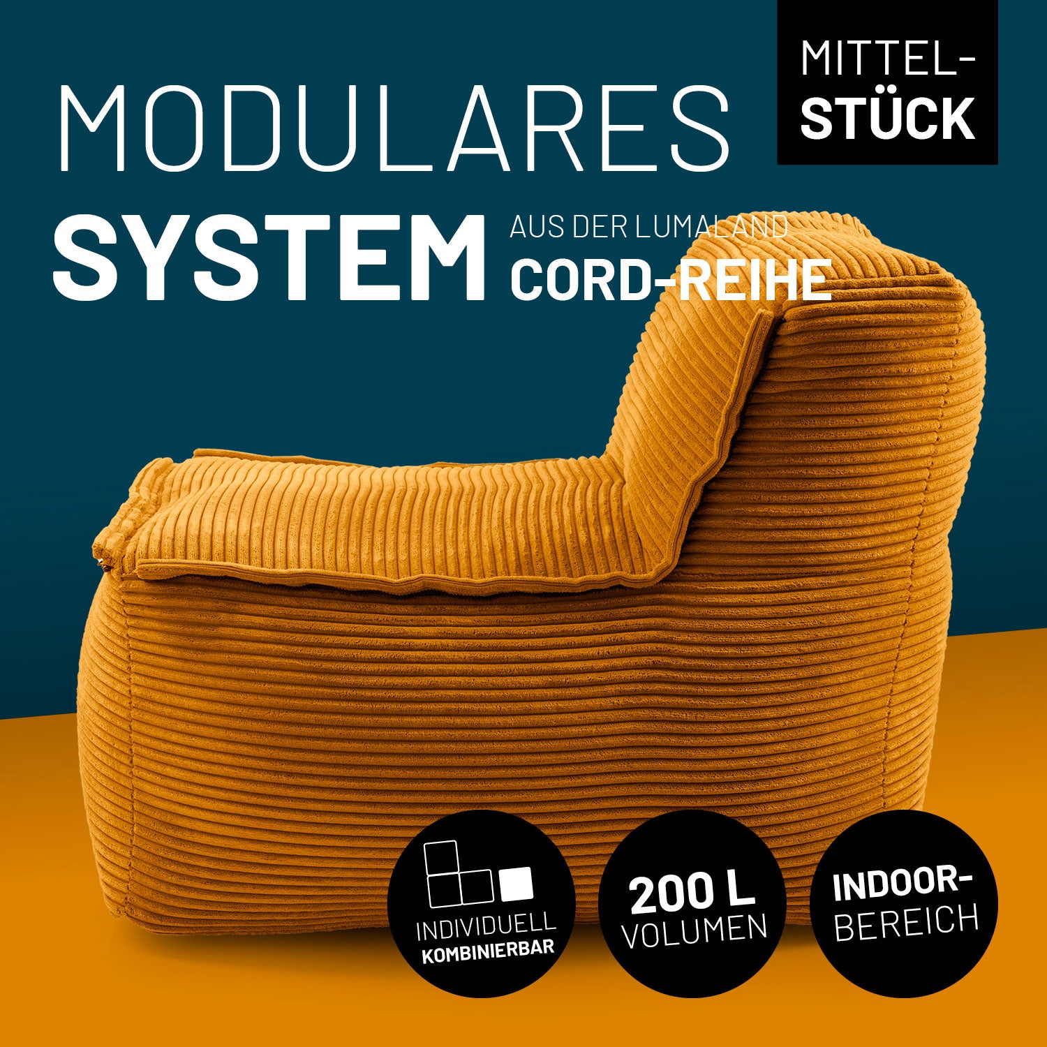 Senfgelbes Cord-Mittelteil mit 200 L Volumen, individuell kombinierbar – ideal als modulares Sitzmöbel für den Indoor-Bereich.