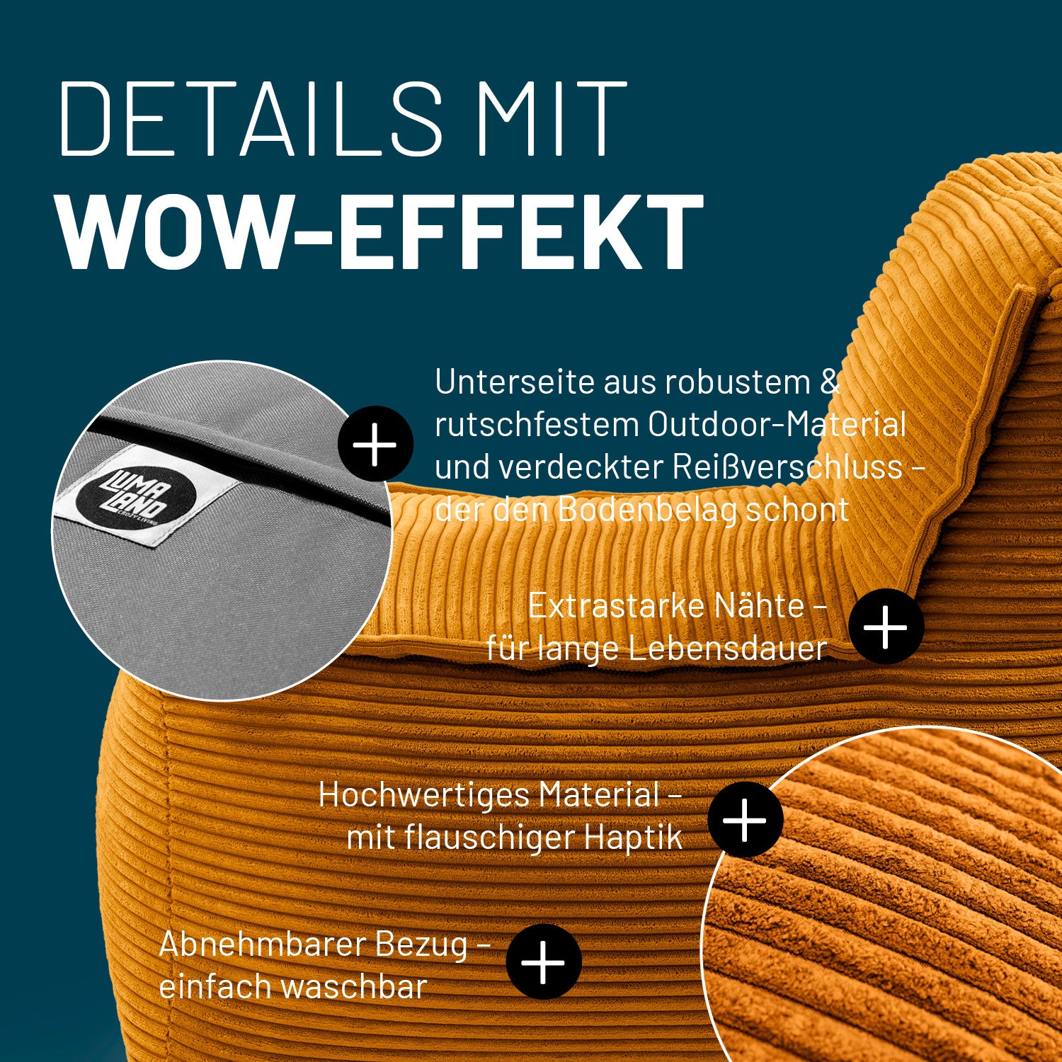LUMALAND Cord-Mittelteil in Senfgelb mit Produktinformationen: Verdeckter Reißverschluss, robuste Unterseite und waschbarer Bezug.