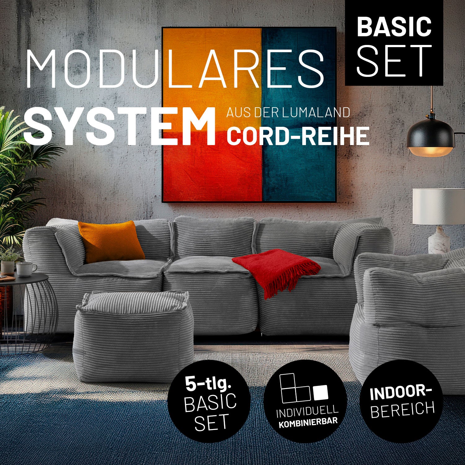 Moderner Wohnraum mit dem grauem Basic-Set verbunden zu einem Sitzsofa und freistehenden Cord-Sessel und Cord-Hocker.