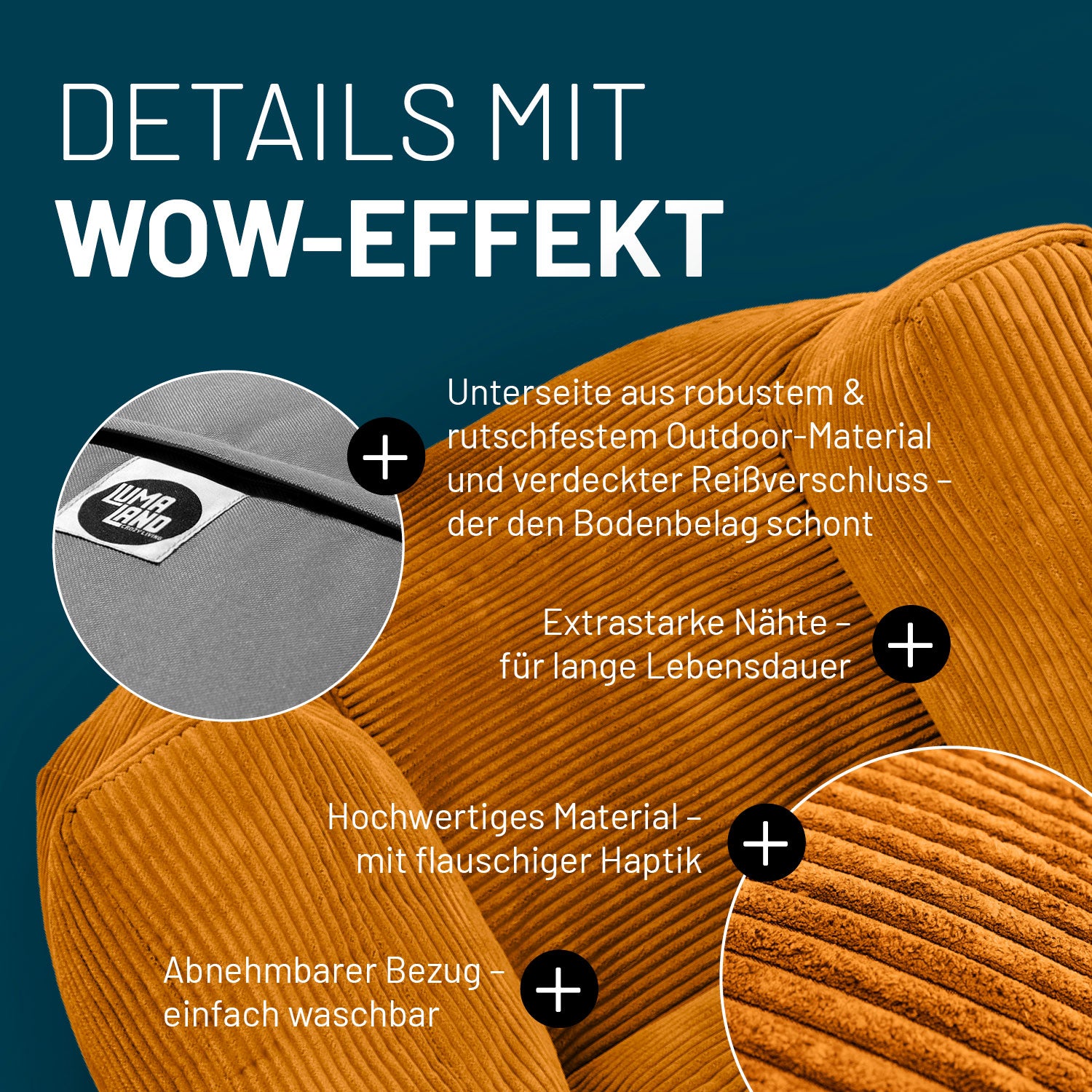 Modul Sitzsack-Sessel in Senfgelb mit Produktinformationen: Verdeckter Reißverschluss, robuste Unterseite und waschbarer Bezug.