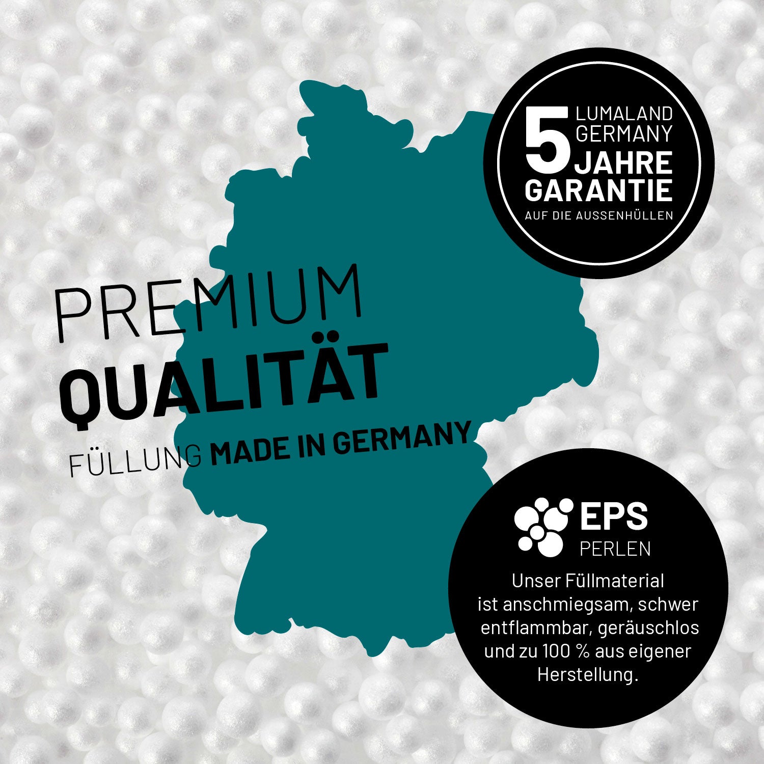 Umrisse der Deutschland-Karte mit Hinweis auf die EPS-Perlen und LUMALAND Germany 5 Jahre Garantie auf die Aussenhülle.