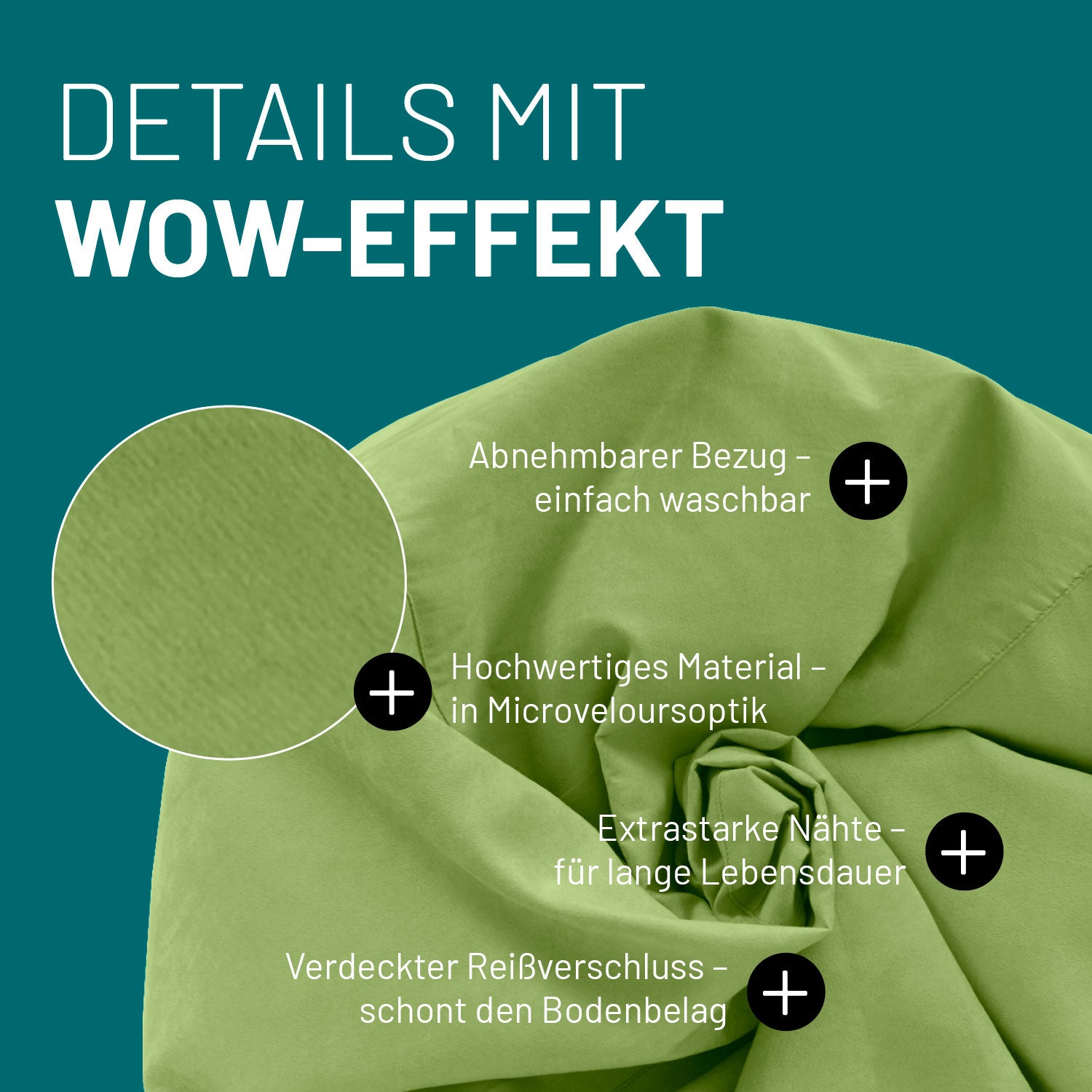 Grüner Sitzsack im Detail mit Informationen zu "Waschbarer Bezug", "Verdeckter Reißverschluss" und "Extrastarke Nähte".