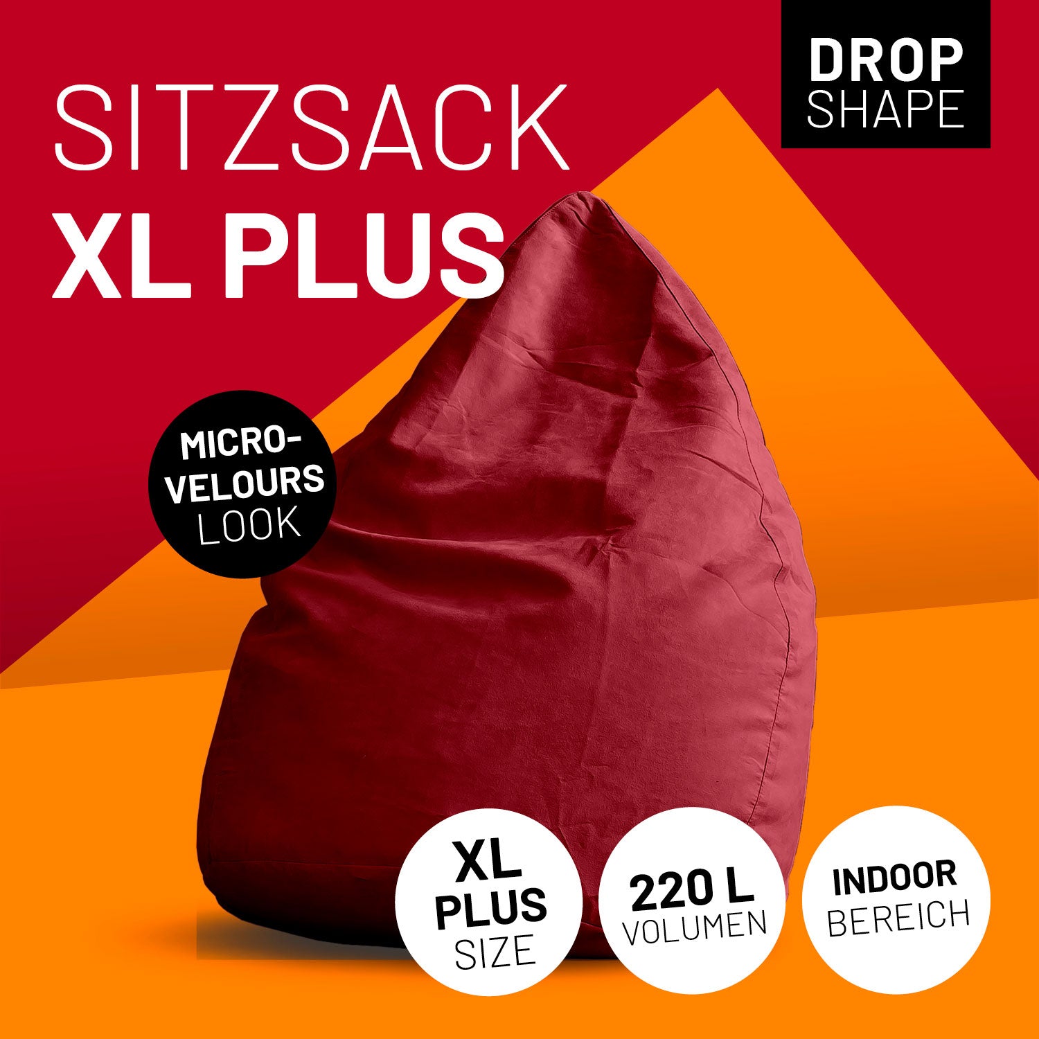 XL Plus Sitzkissen in Rot mit Icons "Drop Shape", "Microvelours Look", "XL Plus Size", "220 L Volumen" und "Indoor".