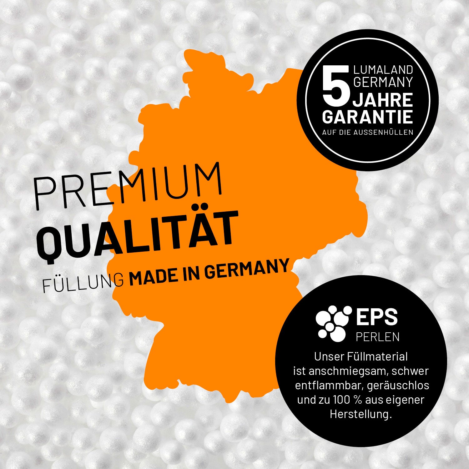 Umrisse der Deutschland-Karte mit Hinweis auf die EPS-Perlen und LUMALAND Germany 5 Jahre Garantie auf die Aussenhülle.