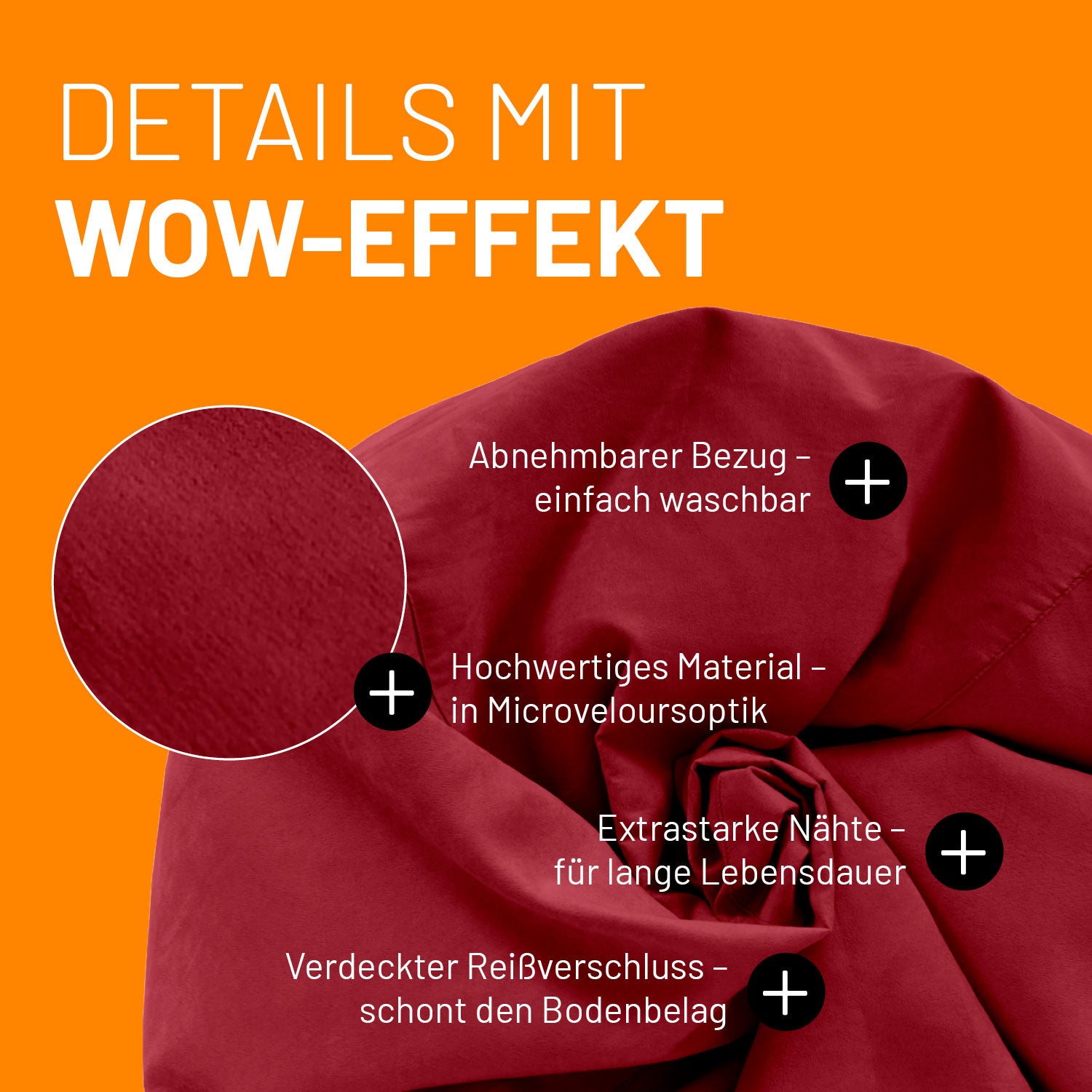 Roter Sitzsack im Detail mit Informationen zu "Waschbarer Bezug", "Verdeckter Reißverschluss" und "Extrastarke Nähte".