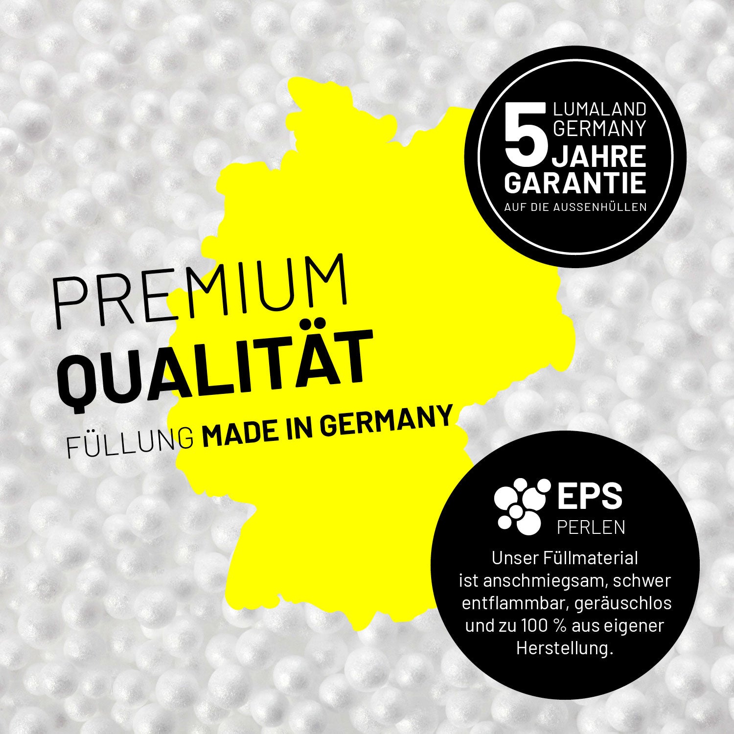 Umrisse der Deutschland-Karte mit Hinweis auf die EPS-Perlen und LUMALAND Germany 5 Jahre Garantie auf die Aussenhülle.