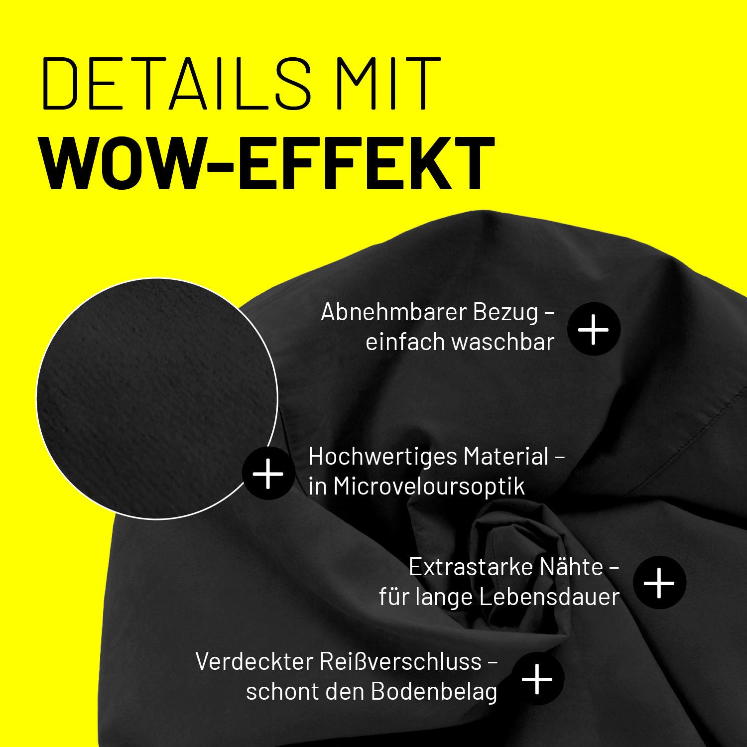 Schwarzer Sitzsack im Detail mit Informationen zu "Waschbarer Bezug", "Verdeckter Reißverschluss" und "Extrastarke Nähte".