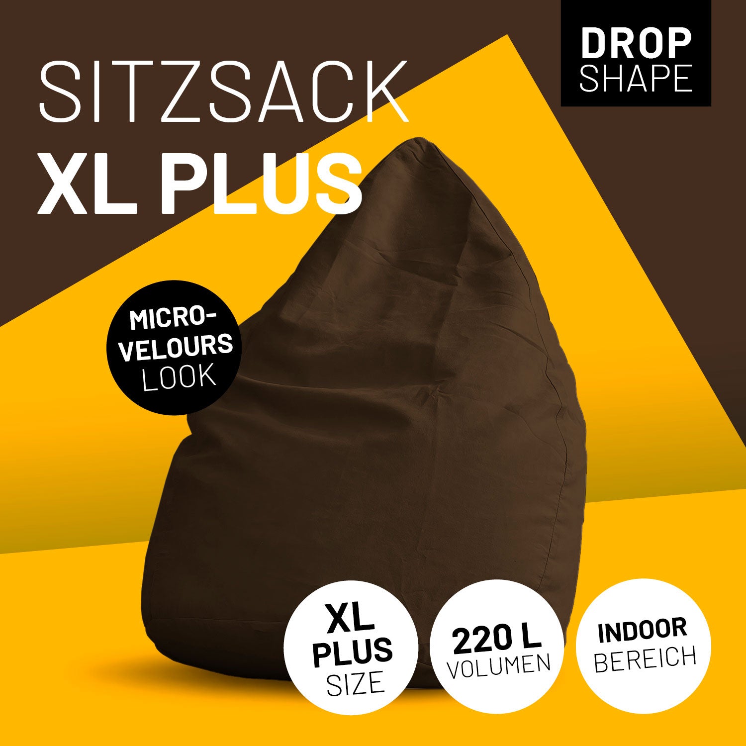 XL Plus Sitzkissen in Braun mit Icons "Drop Shape", "Microvelours Look", "XL Plus Size", "220 L Volumen" und "Indoor".