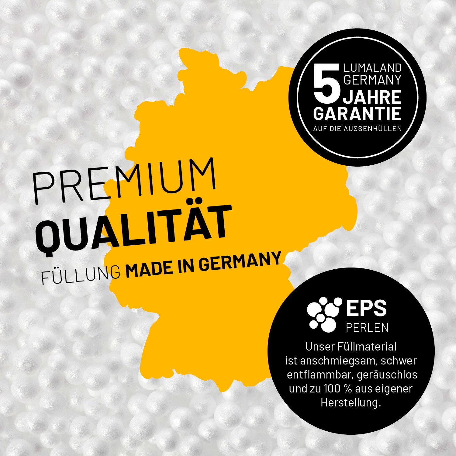Umrisse der Deutschland-Karte mit Hinweis auf die EPS-Perlen und LUMALAND Germany 5 Jahre Garantie auf die Aussenhülle.