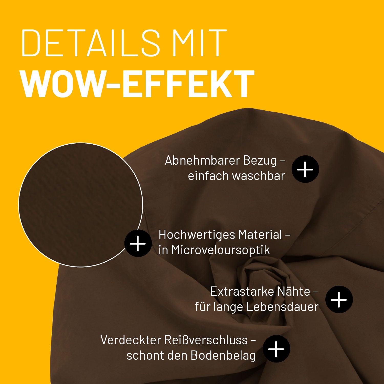 Brauner Sitzsack im Detail mit Informationen zu "Waschbarer Bezug", "Verdeckter Reißverschluss" und "Extrastarke Nähte".