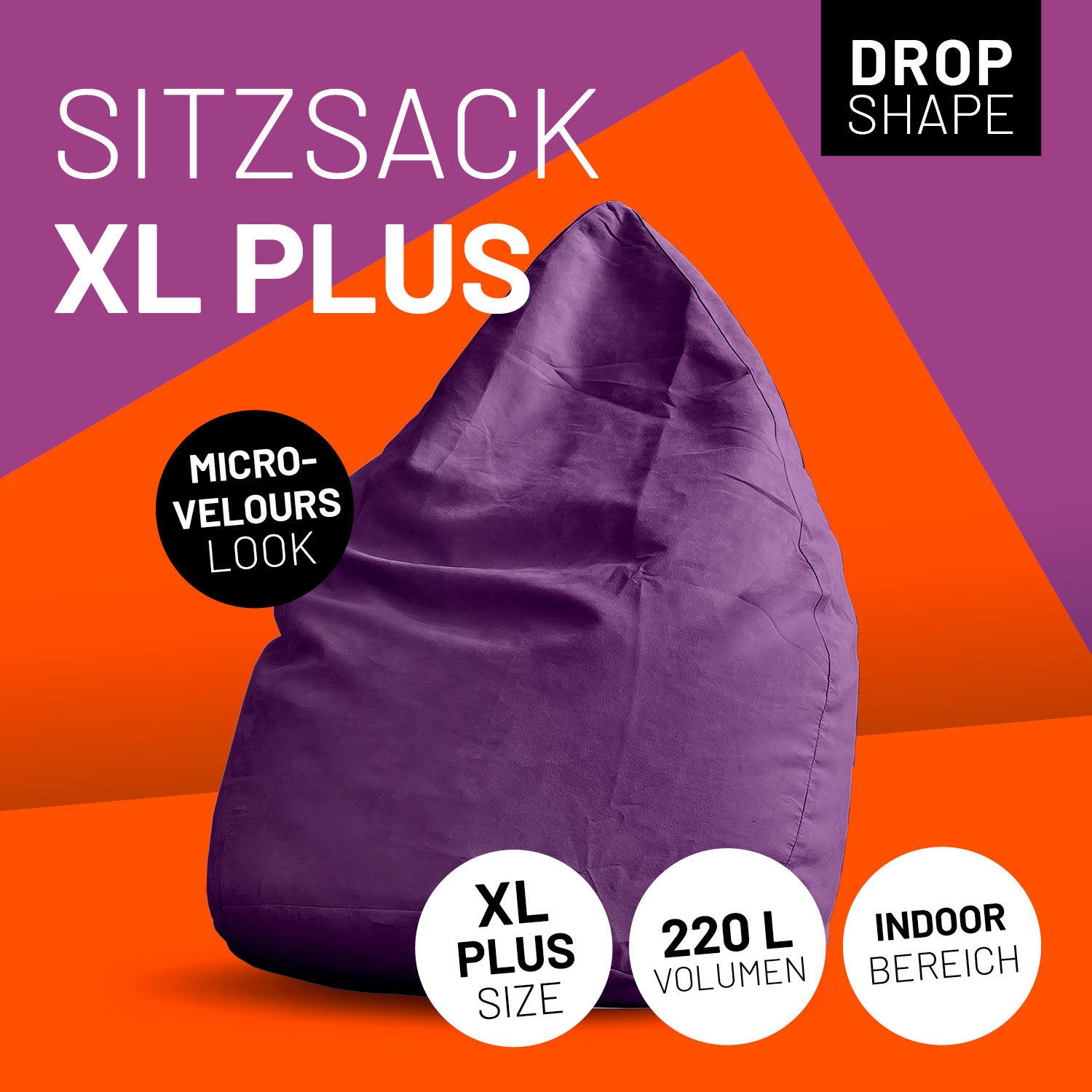 XL Plus Sitzkissen in Lila mit Icons "Drop Shape", "Microvelours Look", "XL Plus Size", "220 L Volumen" und "Indoor".