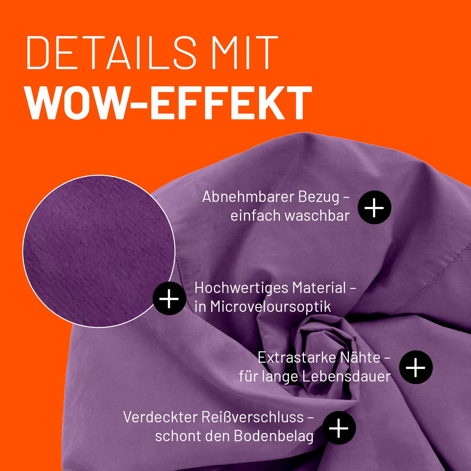 Lila Sitzsack im Detail mit Informationen zu "Waschbarer Bezug", "Verdeckter Reißverschluss" und "Extrastarke Nähte".