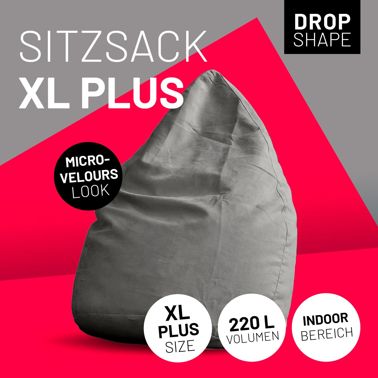 XL Plus Sitzkissen in Grau mit Icons "Drop Shape", "Microvelours Look", "XL Plus Size", "220 L Volumen" und "Indoor".