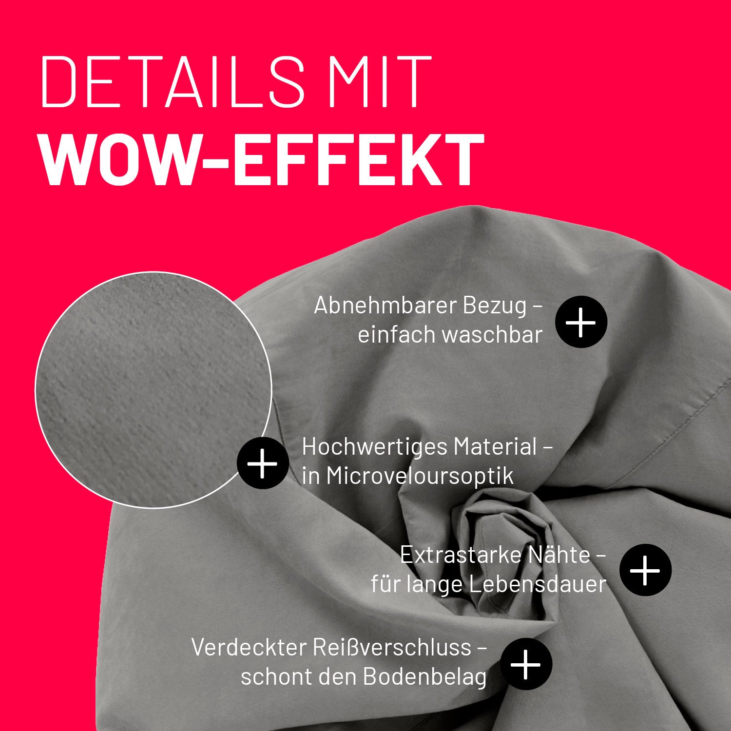 Grauer Sitzsack im Detail mit Informationen zu "Waschbarer Bezug", "Verdeckter Reißverschluss" und "Extrastarke Nähte".