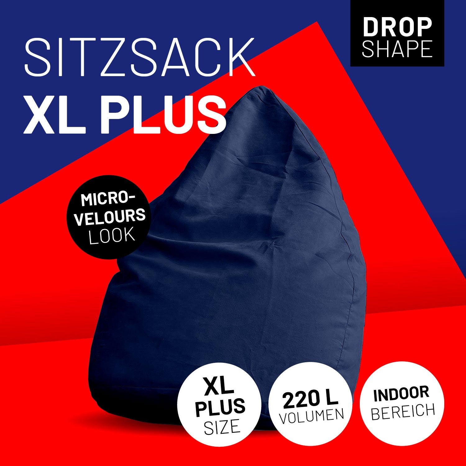 XL Plus Sitzkissen in Navyblau mit Icons "Drop Shape", "Microvelours Look", "XL Plus Size", "220 L Volumen" und "Indoor".