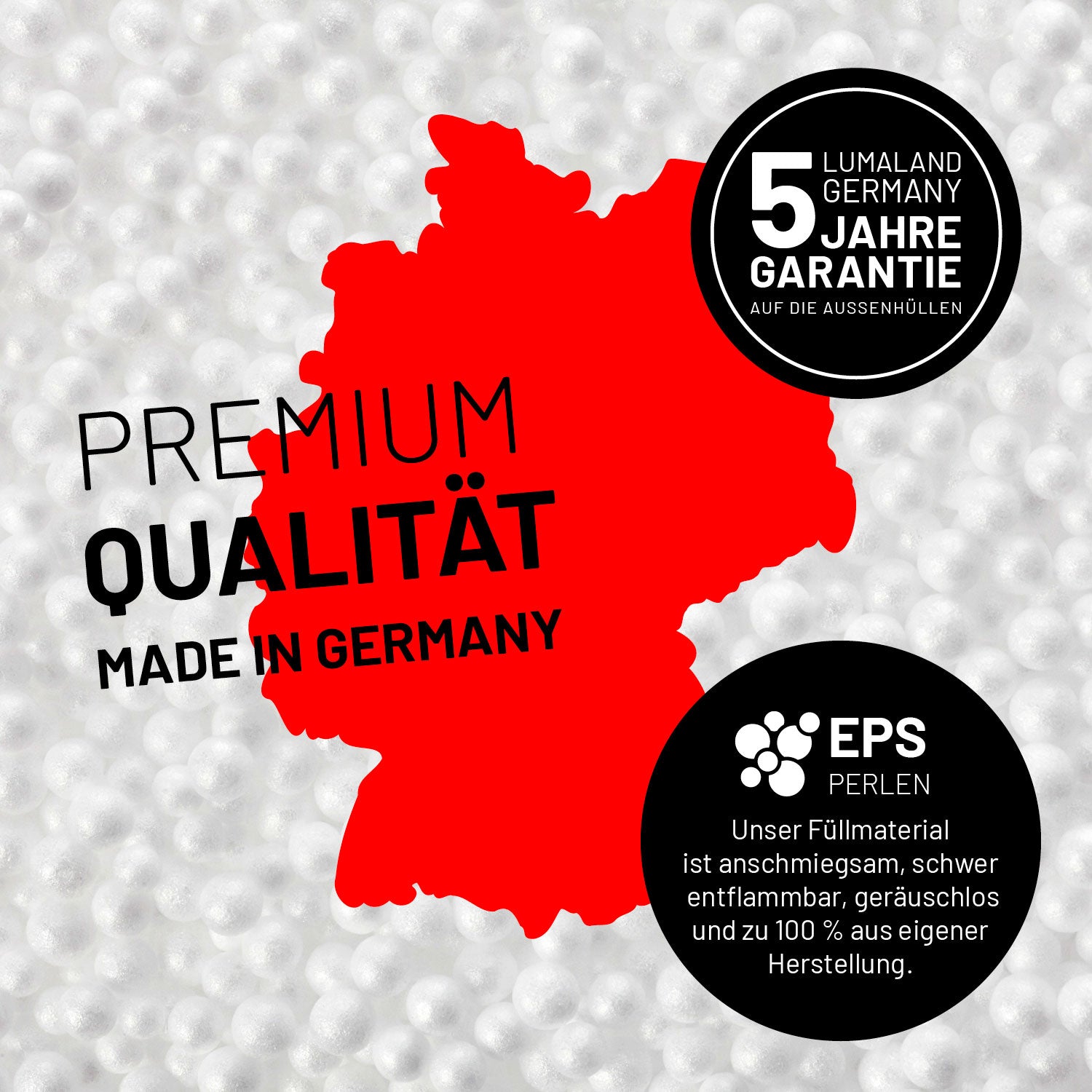Umrisse der Deutschland-Karte mit Hinweis auf die EPS-Perlen und LUMALAND Germany 5 Jahre Garantie auf die Aussenhülle.