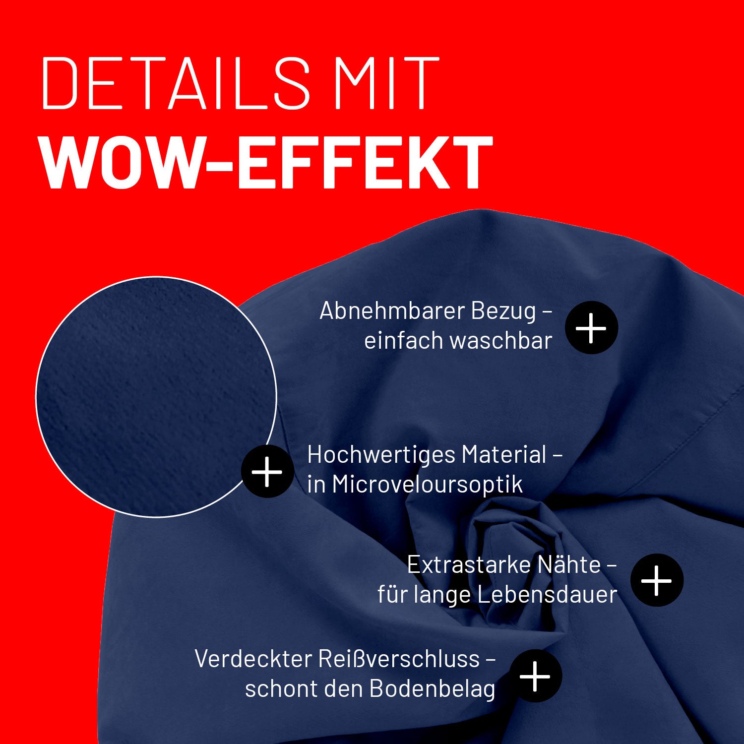 Navy Sitzsack im Detail mit Informationen zu "Waschbarer Bezug", "Verdeckter Reißverschluss" und "Extrastarke Nähte".