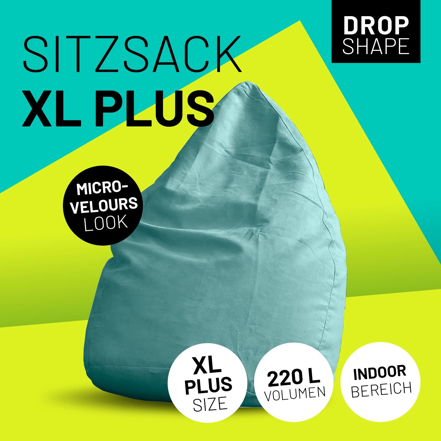 XL Plus Sitzkissen in Türkis mit Icons "Drop Shape", "Microvelours Look", "XL Plus Size", "220 L Volumen" und "Indoor".