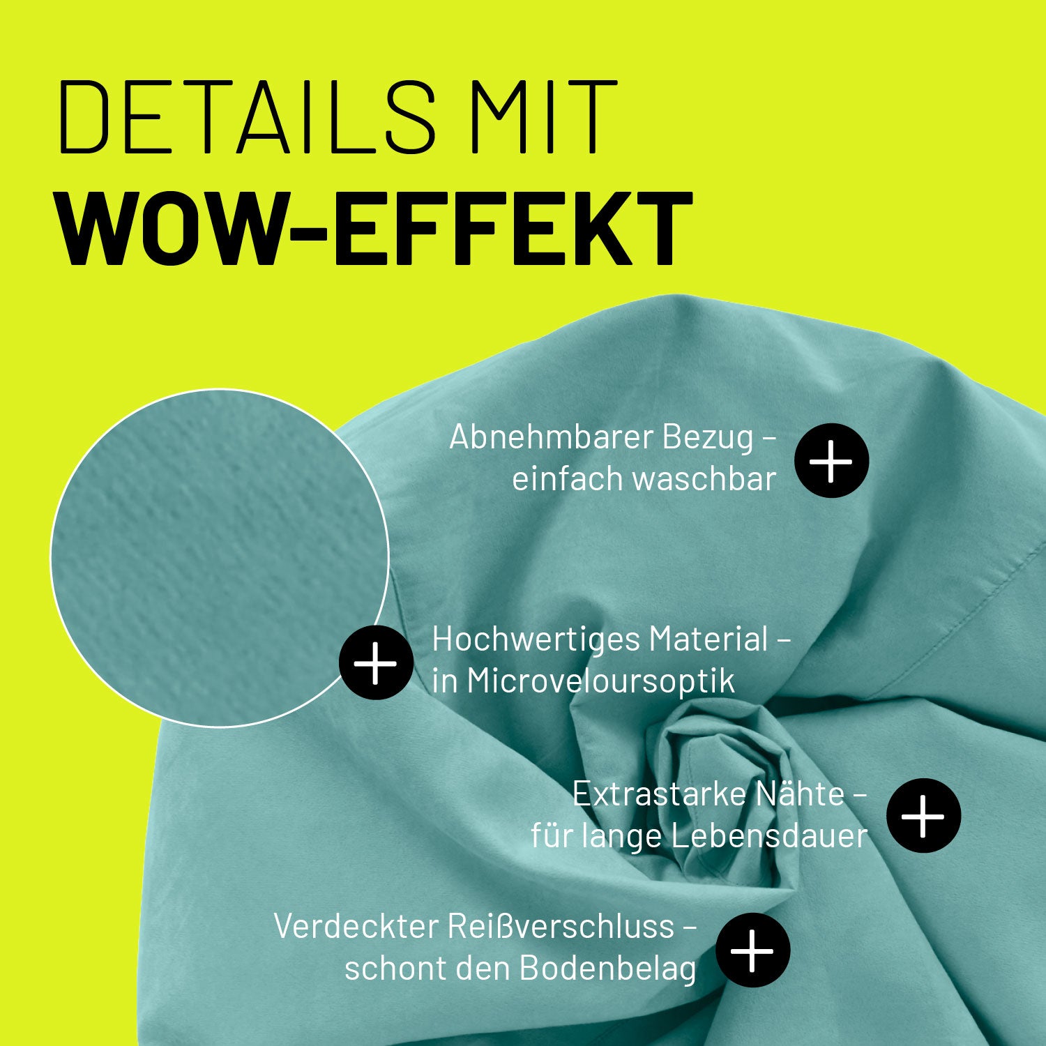 Türkiser Sitzsack im Detail mit Informationen zu "Waschbarer Bezug", "Verdeckter Reißverschluss" und "Extrastarke Nähte".