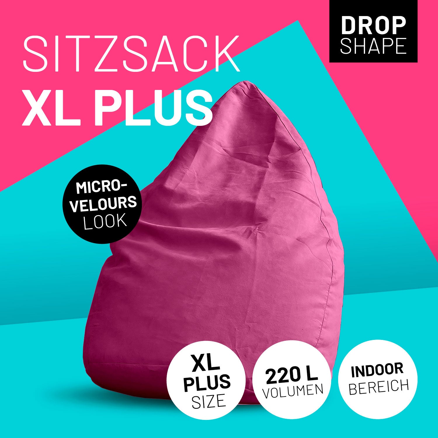 XL Plus Sitzkissen in Pink mit Icons "Drop Shape", "Microvelours Look", "XL Plus Size", "220 L Volumen" und "Indoor".