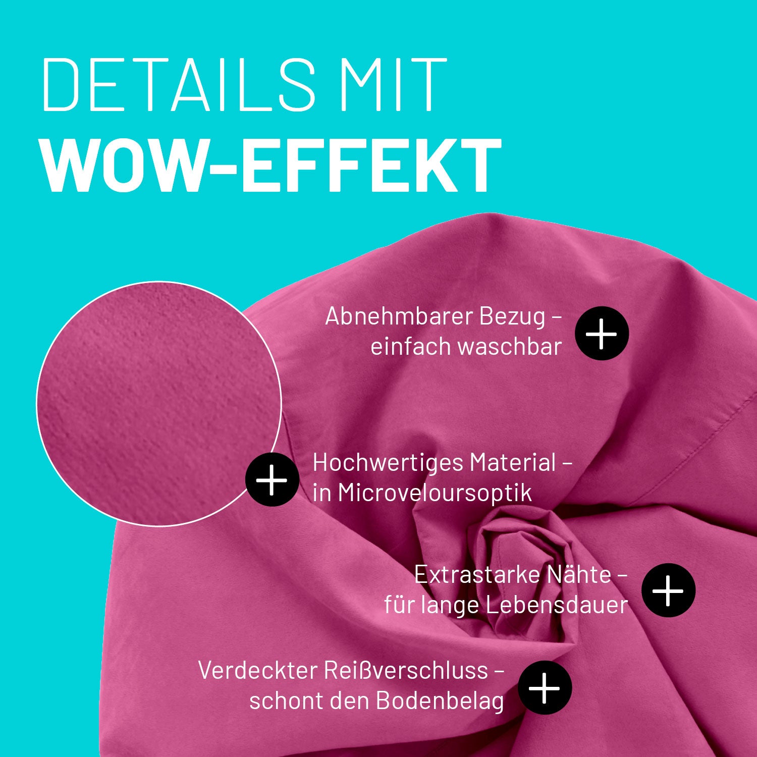 Pinker Sitzsack im Detail mit Informationen zu "Waschbarer Bezug", "Verdeckter Reißverschluss" und "Extrastarke Nähte".