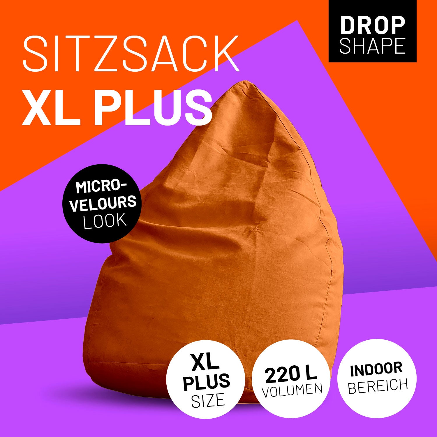 XL Plus Sitzkissen in Orange mit Icons "Drop Shape", "Microvelours Look", "XL Plus Size", "220 L Volumen" und "Indoor".