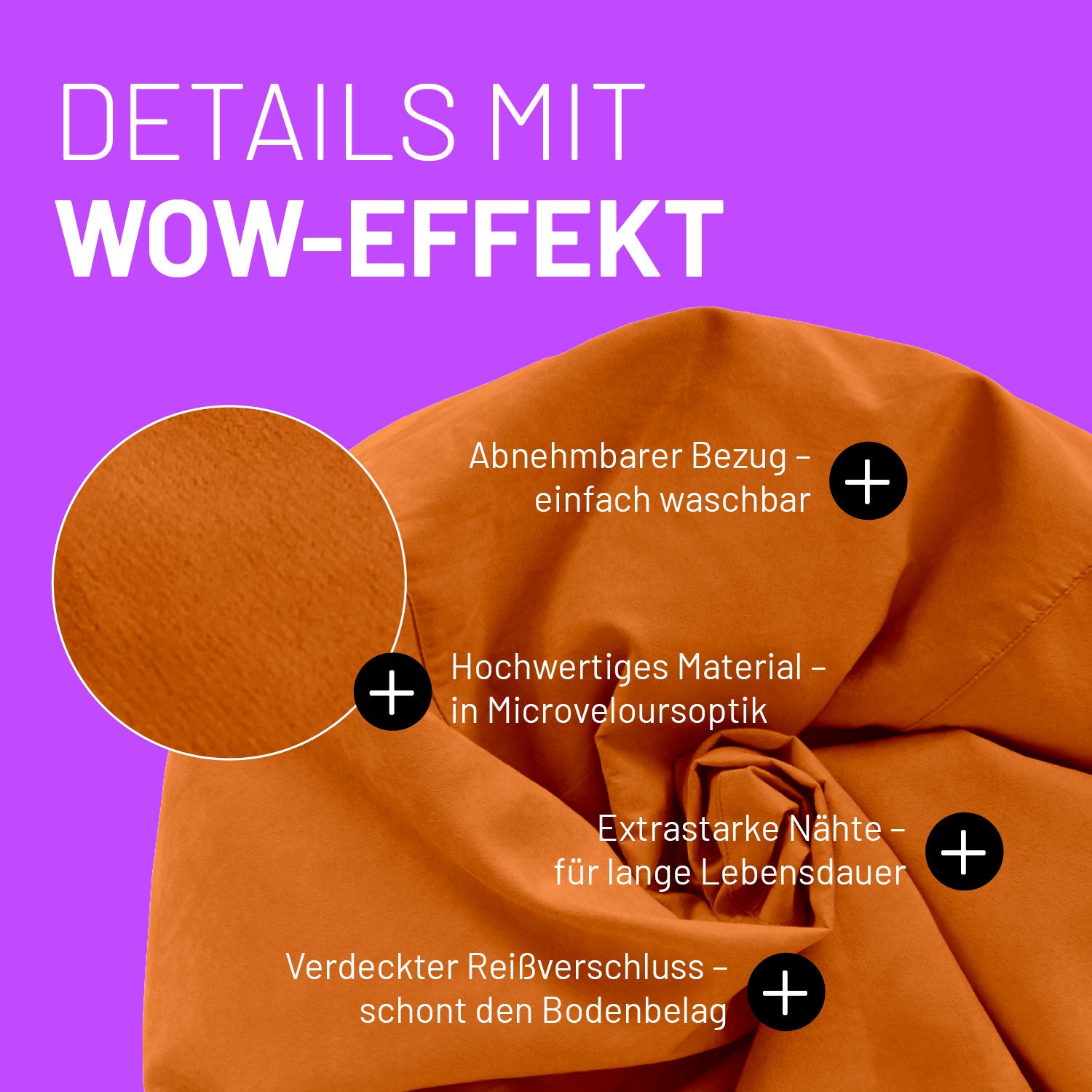 Oranger Sitzsack im Detail mit Informationen zu "Waschbarer Bezug", "Verdeckter Reißverschluss" und "Extrastarke Nähte".