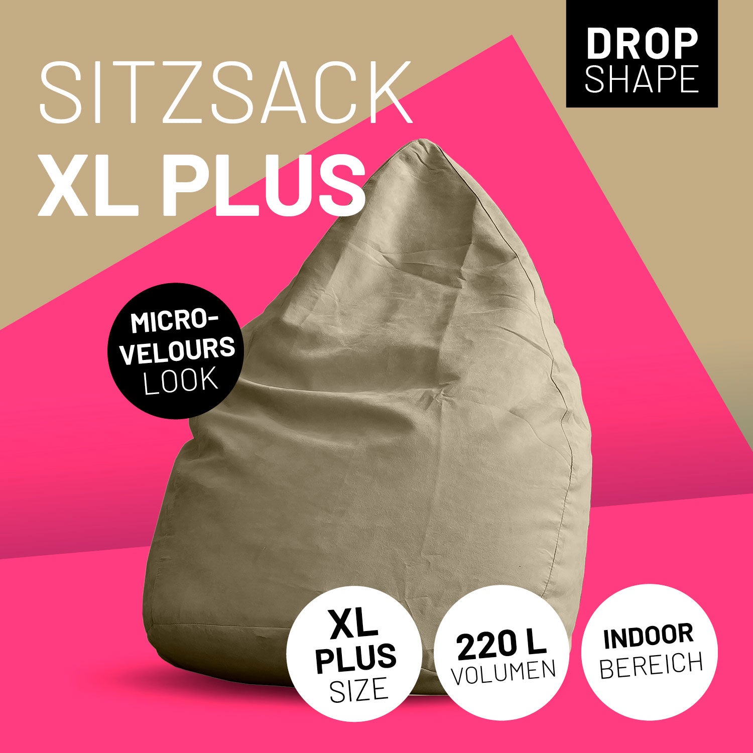 XL Plus Sitzkissen in Beige mit Icons "Drop Shape", "Microvelours Look", "XL Plus Size", "220 L Volumen" und "Indoor".