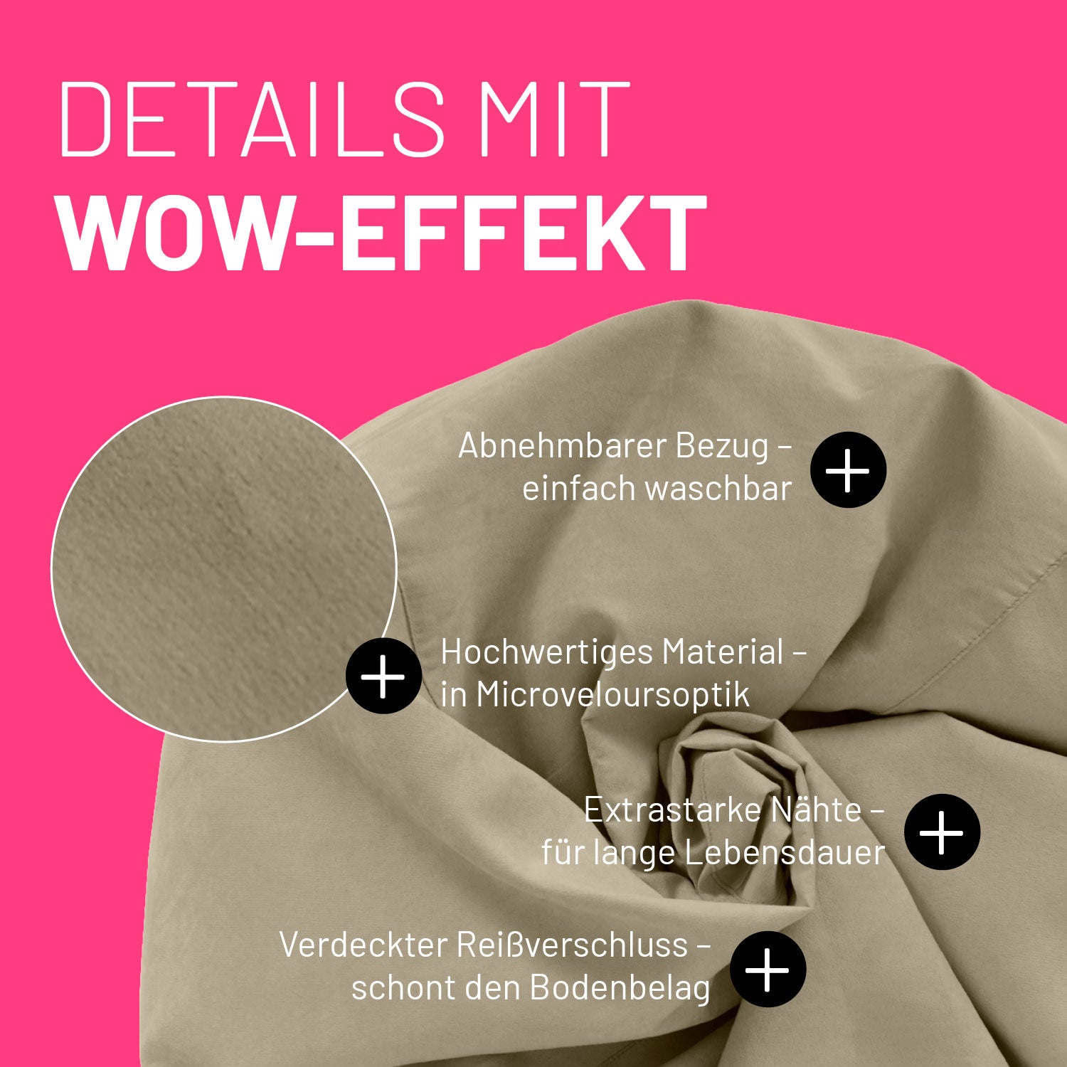 Beiger Sitzsack im Detail mit Informationen zu "Waschbarer Bezug", "Verdeckter Reißverschluss" und "Extrastarke Nähte".