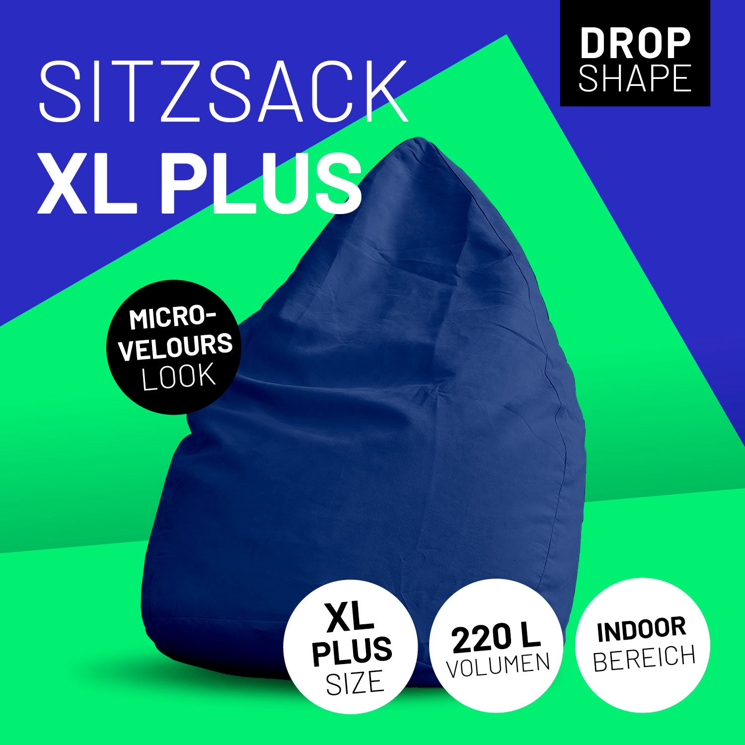 XL Plus Sitzkissen in Royalblau mit Icons "Drop Shape", "Microvelours Look", "XL Plus Size", "220 L Volumen" und "Indoor".