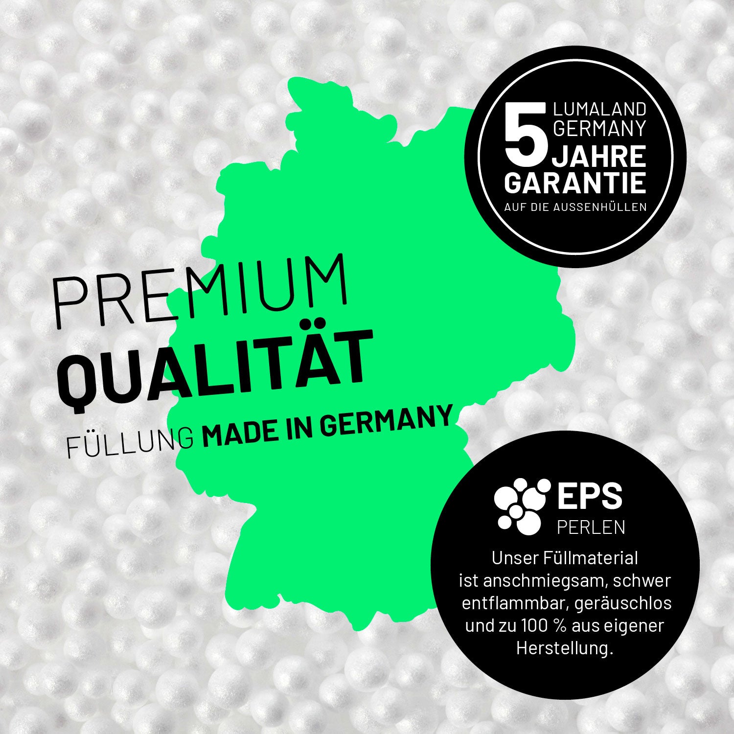 Umrisse der Deutschland-Karte mit Hinweis auf die EPS-Perlen und LUMALAND Germany 5 Jahre Garantie auf die Aussenhülle.