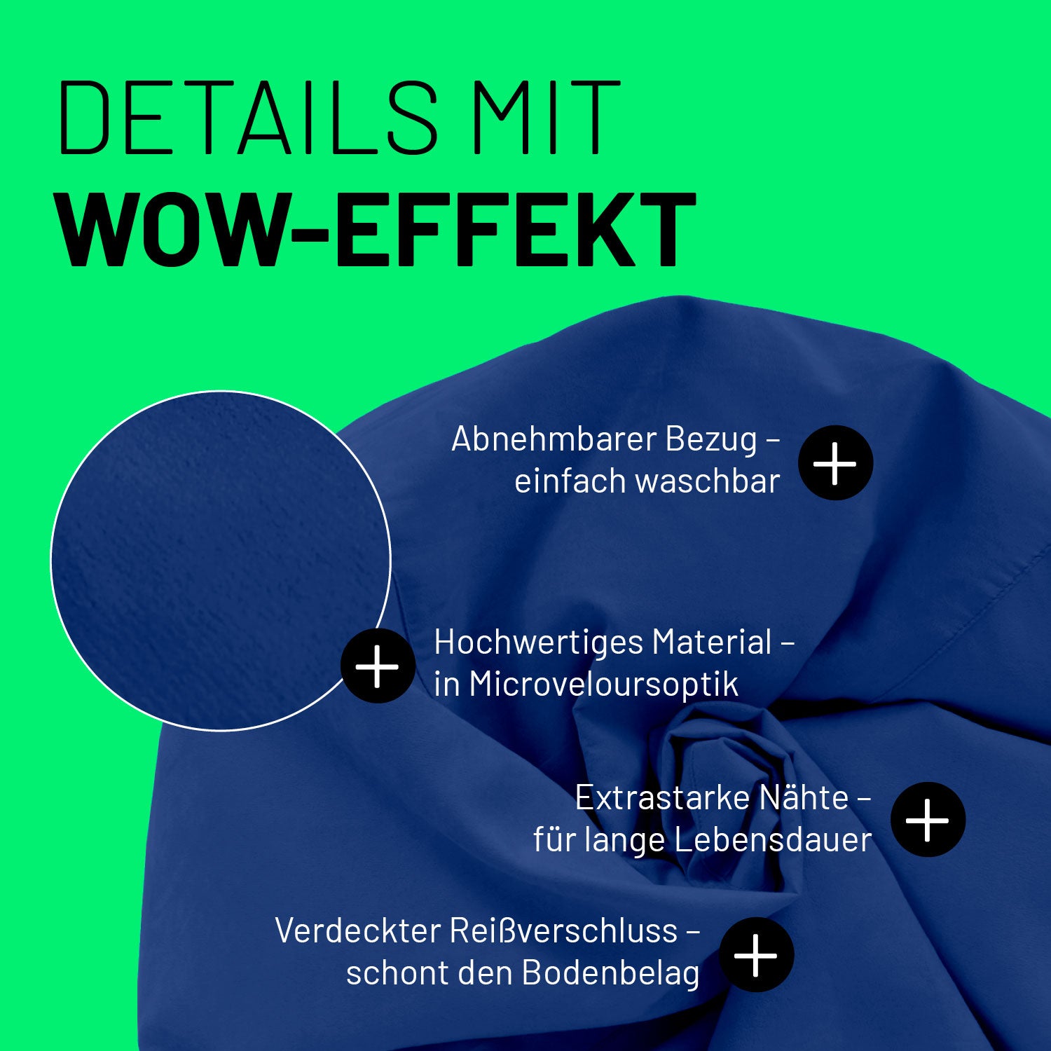 Royalblauer Sitzsack im Detail mit Informationen zu "Waschbarer Bezug", "Verdeckter Reißverschluss" und "Extrastarke Nähte".