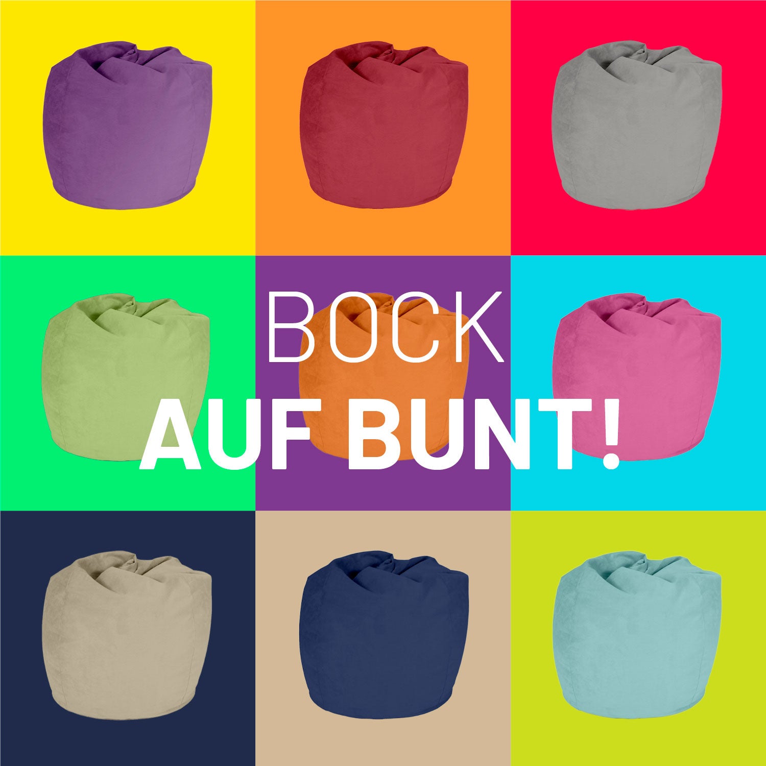 Neun verschiedene Farben der XL Plus Sitzsäcke Drops vor Kontrastfarben in Kacheln - Bock auf Bunt!