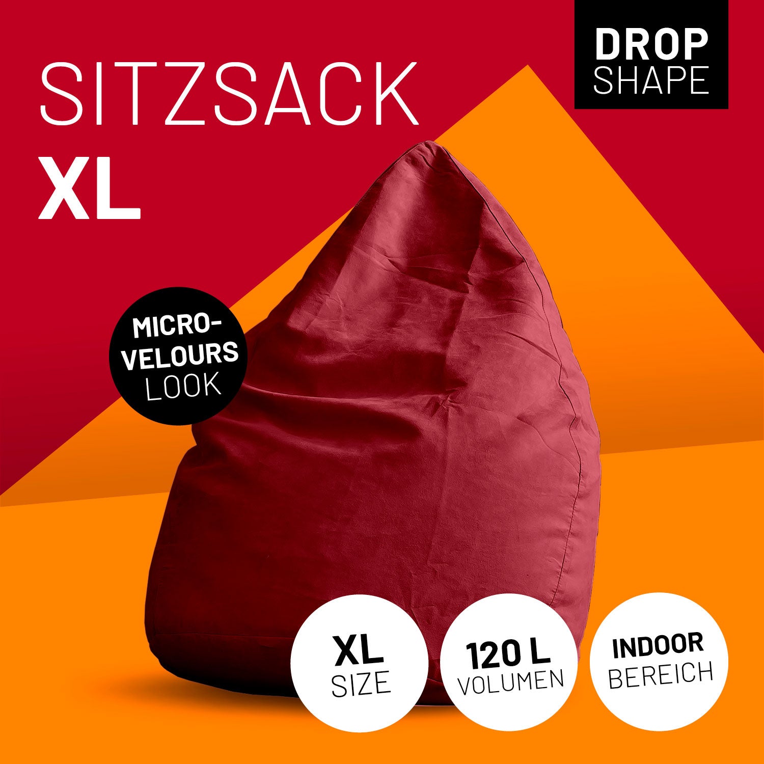 XL Sitzkissen in Rot mit Icons "Drop Shape", "Microvelours Look", "XL Size", "120 L Volumen" und "Indoor".
