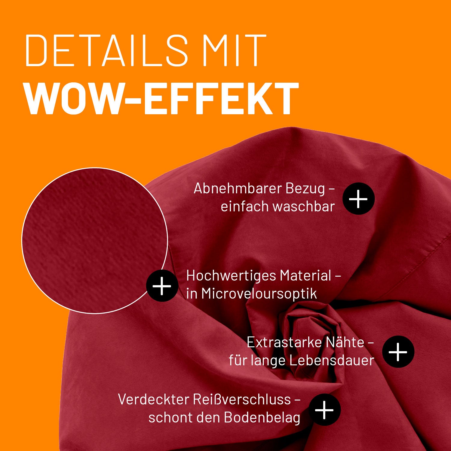 Roter Sitzsack im Detail mit Informationen zu "Waschbarer Bezug", "Verdeckter Reißverschluss" und "Extrastarke Nähte".