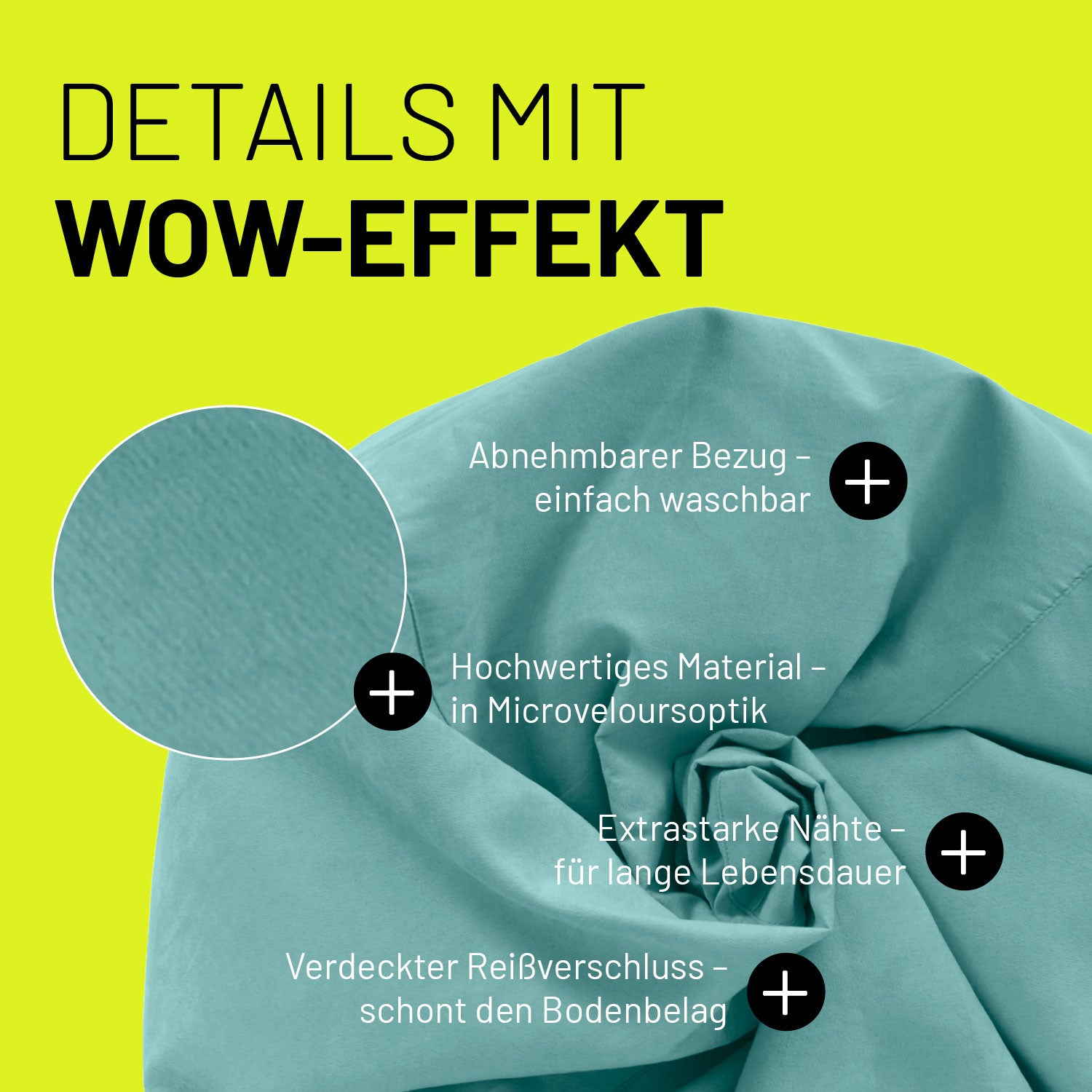 Türkiser Sitzsack im Detail mit Informationen zu "Waschbarer Bezug", "Verdeckter Reißverschluss" und "Extrastarke Nähte".